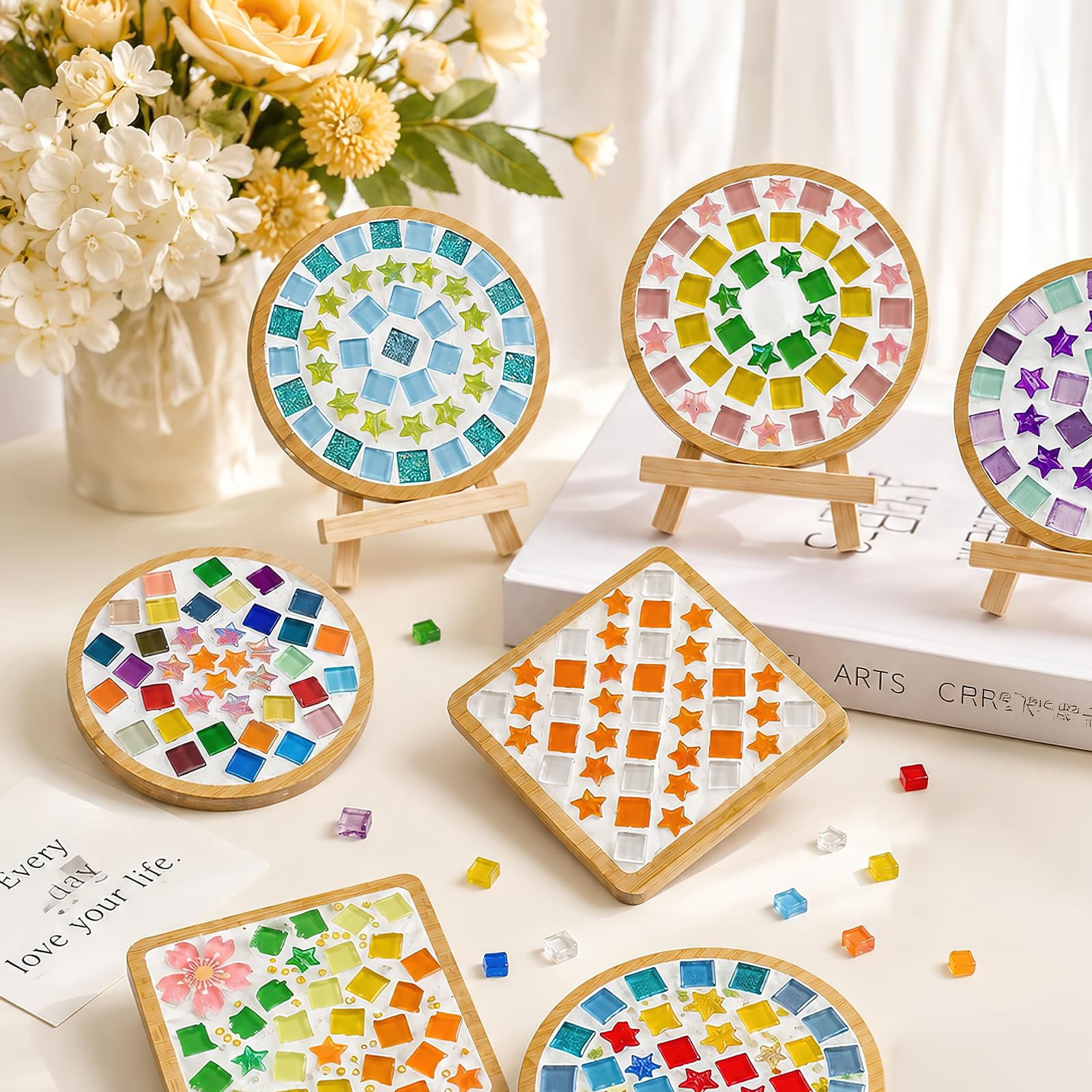 HFZCV 22 Sets DIY Mosaik Untersetzer Bastelset, Glas Mosaik Steine mit Holz Untersetzern, Kreatives Bastelset für Erwachsene, Mosaik Coaster Set für Handgemachte Deko & Geschenke, Regenbogen Design