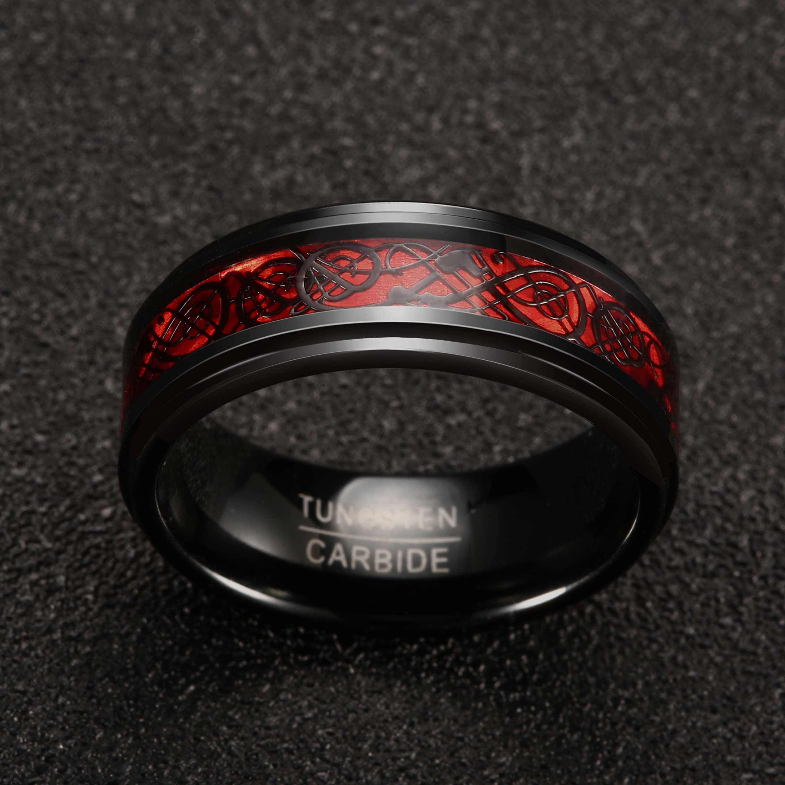 NUNCAD Bague Homme Dragon Celtique, Anneau en Tungstène avec Fibre de Carbone, 8mm, Bague/Bleu/Or/Noir/Rouge