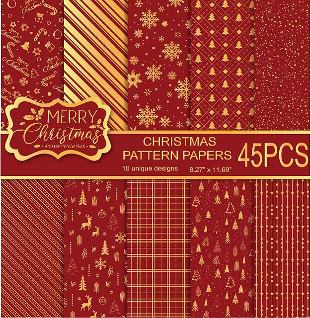 MIAHART 45 Sheets Merry Christmas Pattern Paper Set 10 Designs Festival Decorative Craft Paper Double-Sided for Card Making Scrapbook, A4 Size-Red and Gold