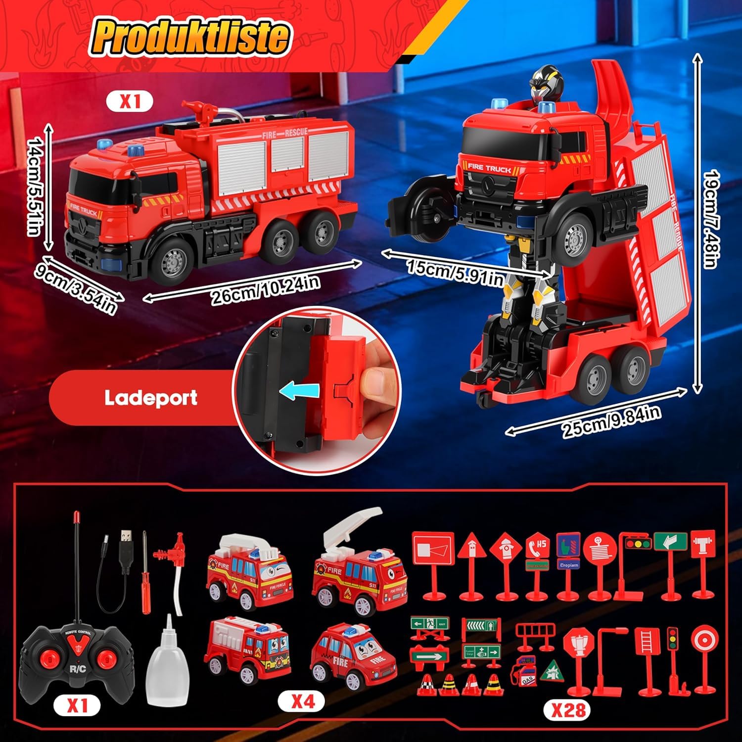 JONRRYIN Camion de pompiers télécommandé, 1:14 Grand jouet de pompiers avec lumière et son, jet d'eau, transformateur 2 en 1, voiture télécommandée jouet, voiture jouet enfants cadeaux de Noël