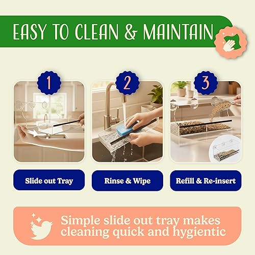 Miniatura 7 de Ventana para alimentar pájaros con bandeja extraíble, con orificios de drenaje y 3 tazas de extra succión Nature's Hangout Gran tamaño, 100%