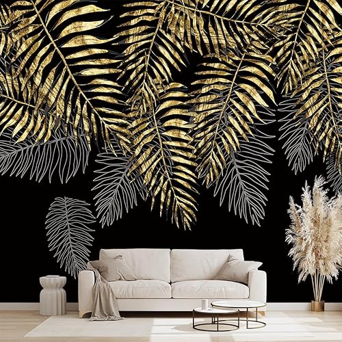 Mural de hojas negras y doradas para dormitorio, papel tapiz botánico tropical, decoración de plantas, sala de estar, fondo de televisión, mural de