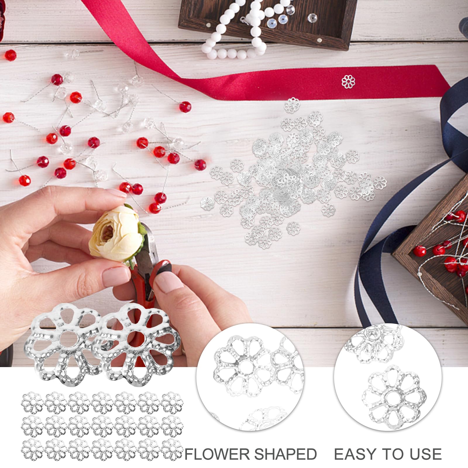 TEHAUX 1200Pcs Silver Metal Flower Bead Caps, 9Mm Hollow Multi-Petal Spacer Beads for DIY Jewelry Making Earring, Bracelet, Necklace - Image 4