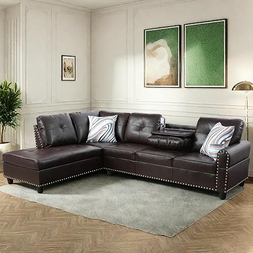 Miniatura 7 de FONTOI Sofá modular en forma de L, sofá modular moderno de 4 asientos con portavasos y ribete de cabeza de clavo, sofá en forma de L de piel gris