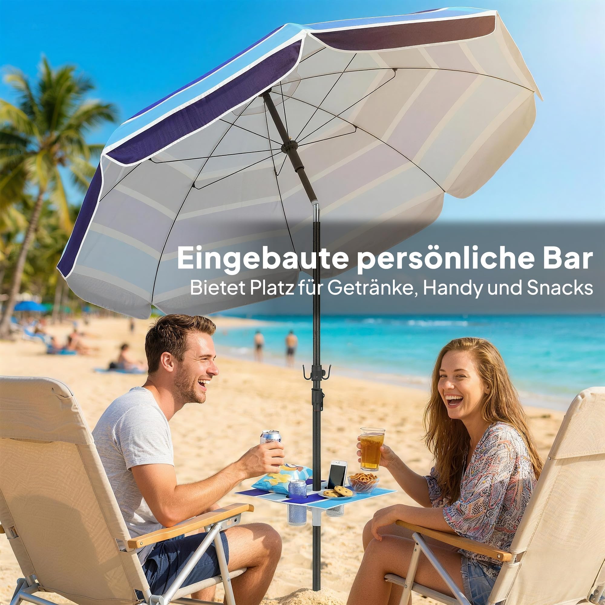 Outsunny Sonnenschirm Strand Ø198 cm UV30+ Strandschirm mit klappbar Tisch Getränkehalter verstellbarer Neigung Balkon-Schirm mit Tragetasche Haken Gartenschirm für Reisen Strand Camping Mehrfarbig