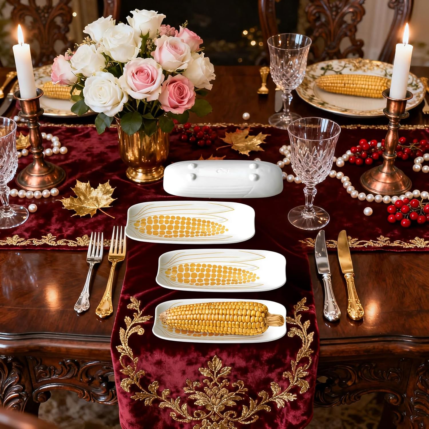 Cinf Ceramic Corn Cob Holders 8.8" Corn Dishes Set of 4 Trays Non-slip Bottom Microwave Dishwasher Oven Safe (Champagne Gold)