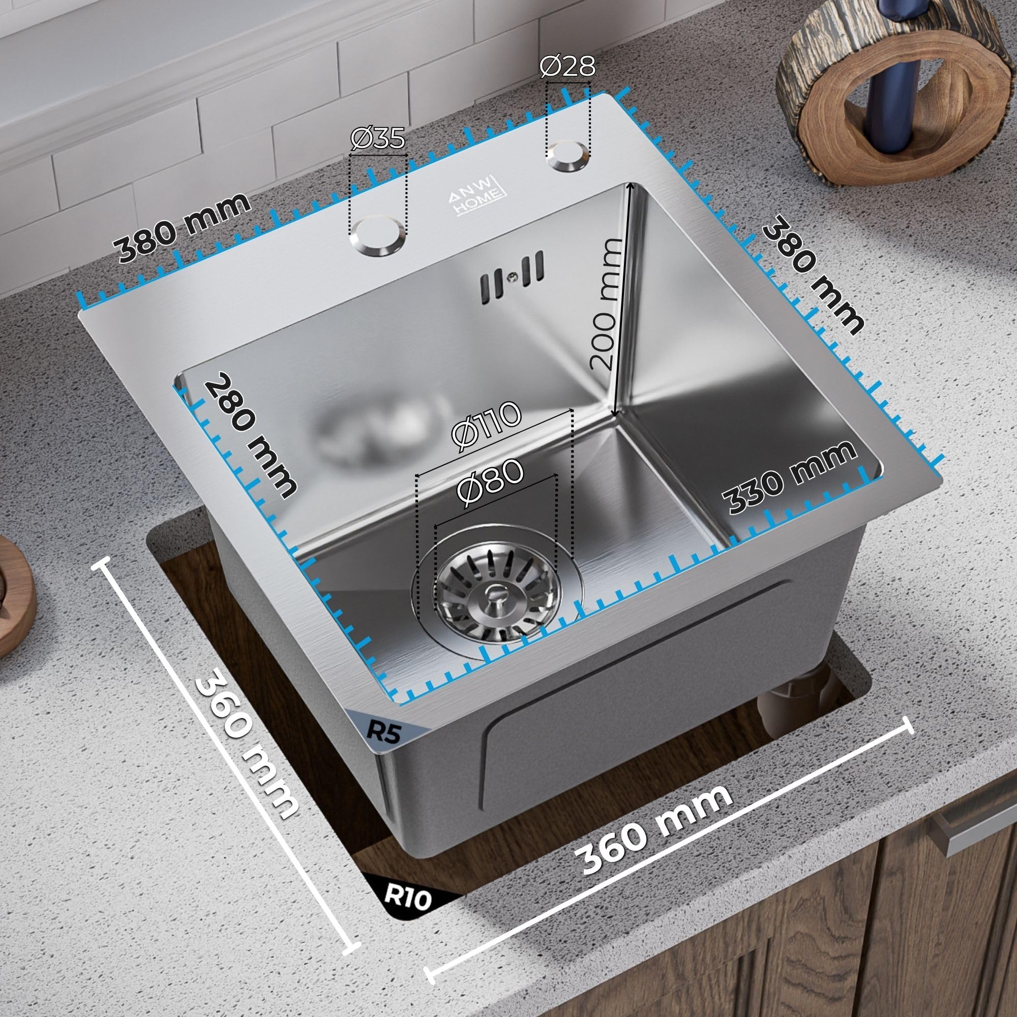ANW HOME Lavello Cucina 1 Vasca 38x38 cm, Acciaio Inox 304 | Finitura Satinata, Spessore 2/0,7 mm, Profondità 20 cm, Con Sifone