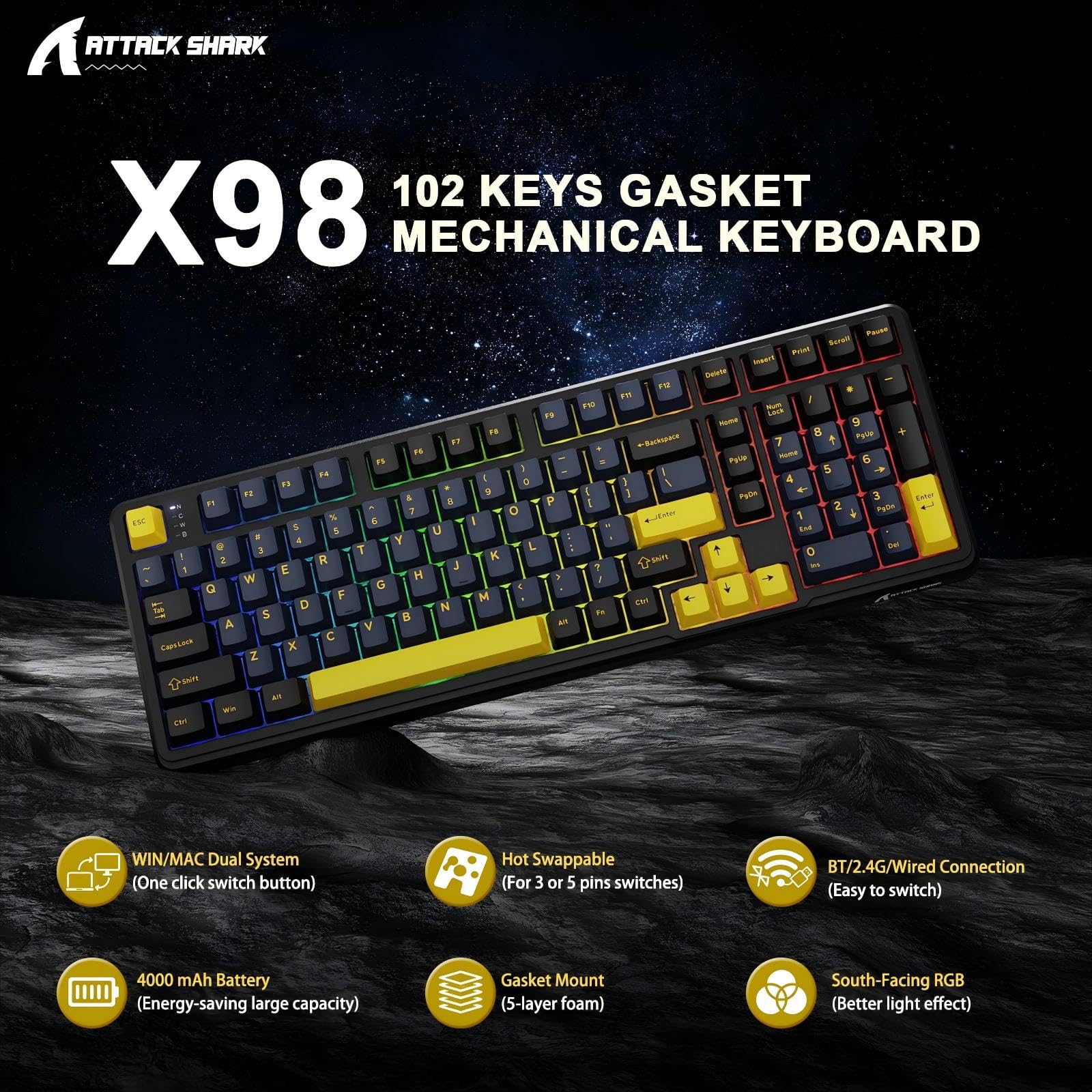Amazon.com: ATTACK SHARK X98 Wireless Mechanical Keyboard,Tri-Mode