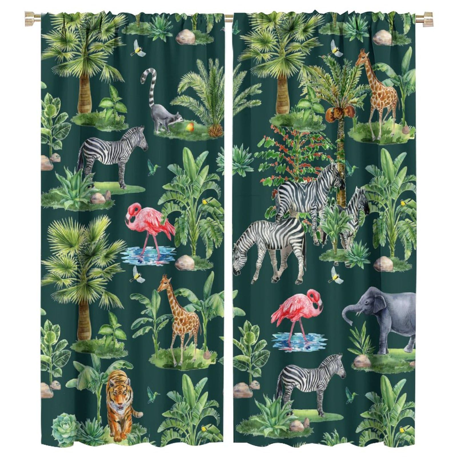 Coalho Watercolor Forest Wildlife Tiger Zebra Curtains Modern Tropical Jungle Flamingo Elephant Bird Giraffe Window Treatment Blackout Curtains Thermal Insulated Rod Pocket- 2 Panels 63" L X 27.5" W
