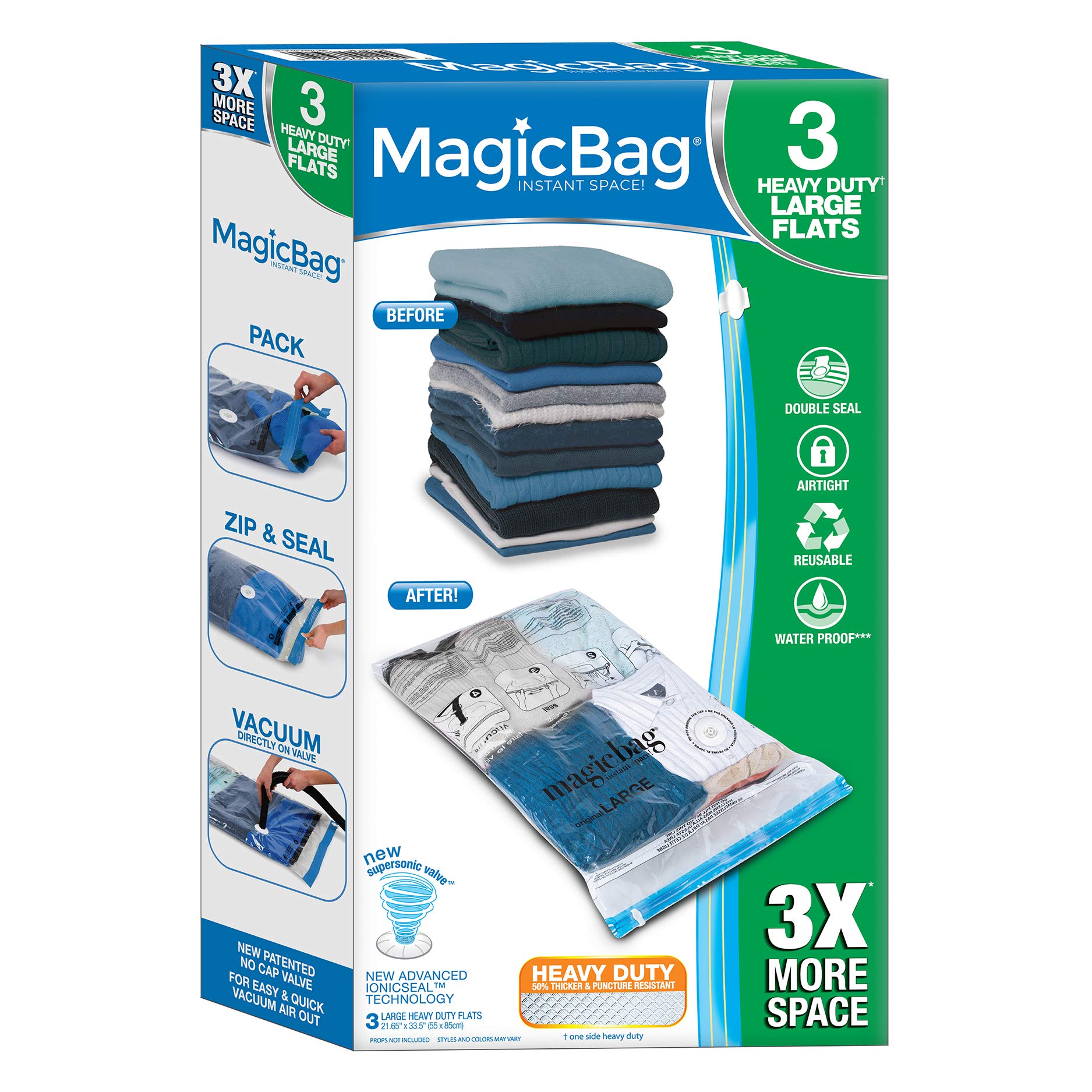 Smart DesignMagicBag Instant Space Saver Storage - Flat Heavy Duty Large - Set of 3 Bags Total - Airtight Double Zipper - Vacuum Seal - Clothing, Pillows - Home Organization