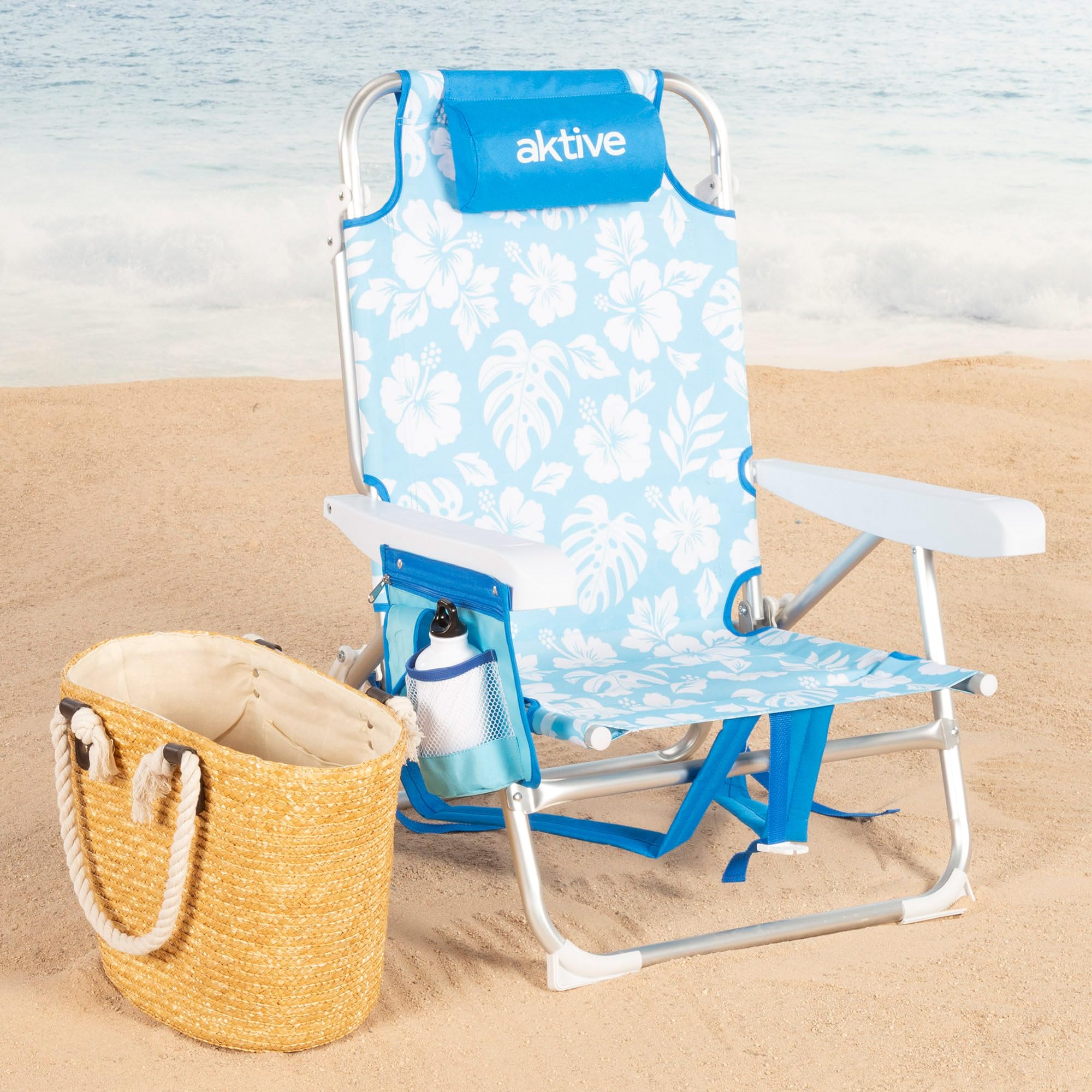 AKTIVE Silla de playa plegable, 50x54x80 cm, Mochila, Resistente hasta 110kg, Silla multiposición, Con bolsillos, Con reposacabezas, Convertible en tumbona, Asas transporte (62511)