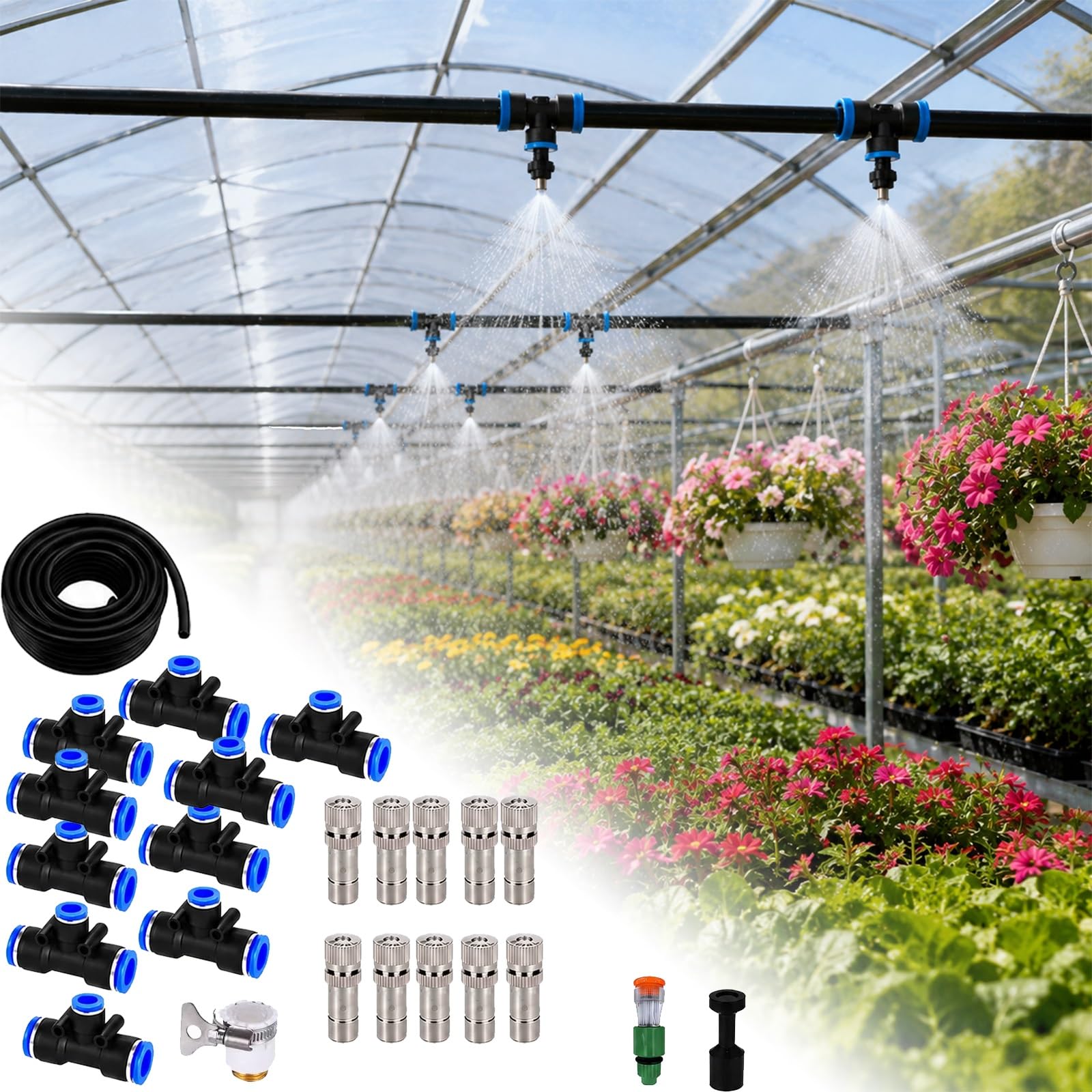 Sprinkler Irrigation Kits Flower Vegetable Growing Drip Irrigation Kits, Quick Connect Sprinkler System, Efficient Greenhouse Humidification Atomizer Watering(10m/32.8')