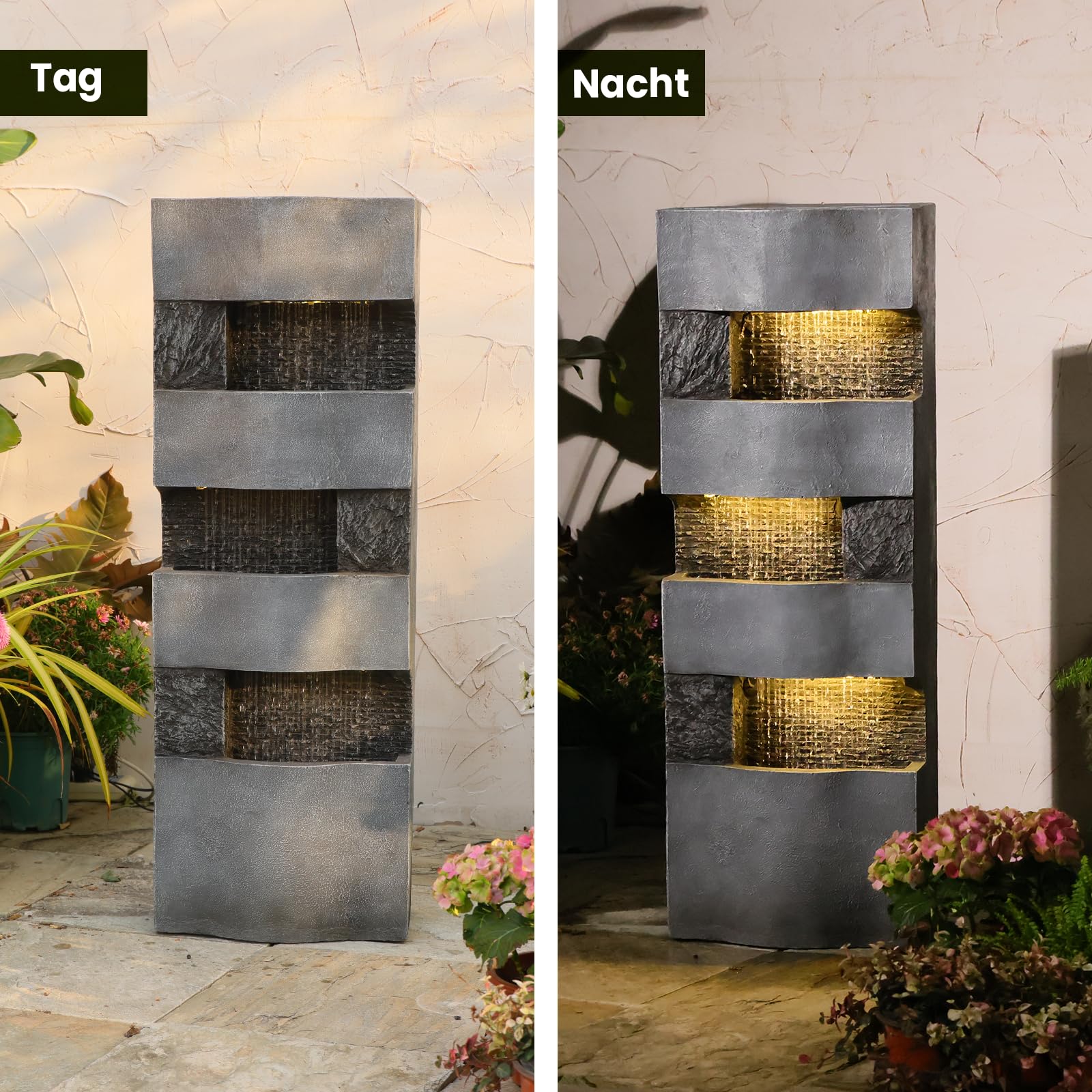 Sunlinua 3-stufiger Regenvorhang-Springbrunnen mit LED-Beleuchtung – moderner freistehender Brunnen für Garten, Terrasse, Balkon oder Eingangsbereich, 36.5×22×103 cm | Grau