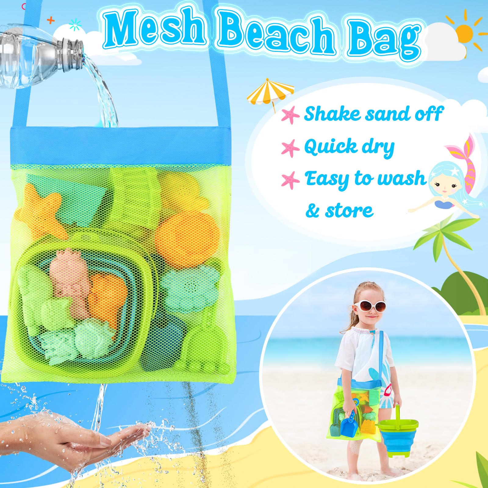 Juguetes de playa plegables para niños pequeños, cubeta de arena plegable y palas con bolsa de malla y kit de construcción de castillo de arena, juguetes de arena de viaje para artículos esenciales de