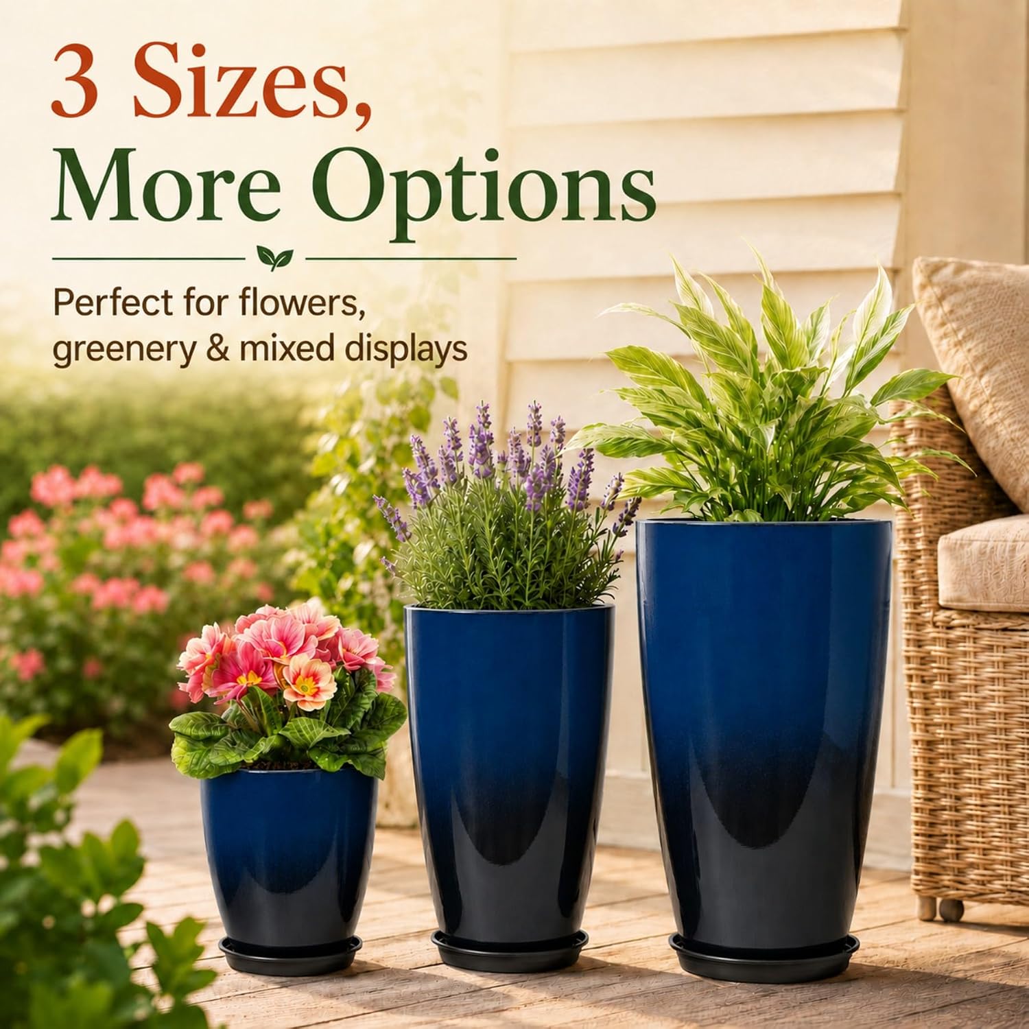 Neoaider Set of 3 Tall Planter, 24/21/12in Large Plastic Planter, Dark Blue | Ceramic-Look, Lightweight, Built-in Drain Hole, Saucers, Tall Outdoor Planter for Porch, Garden, Patio, Balcony thumbnail