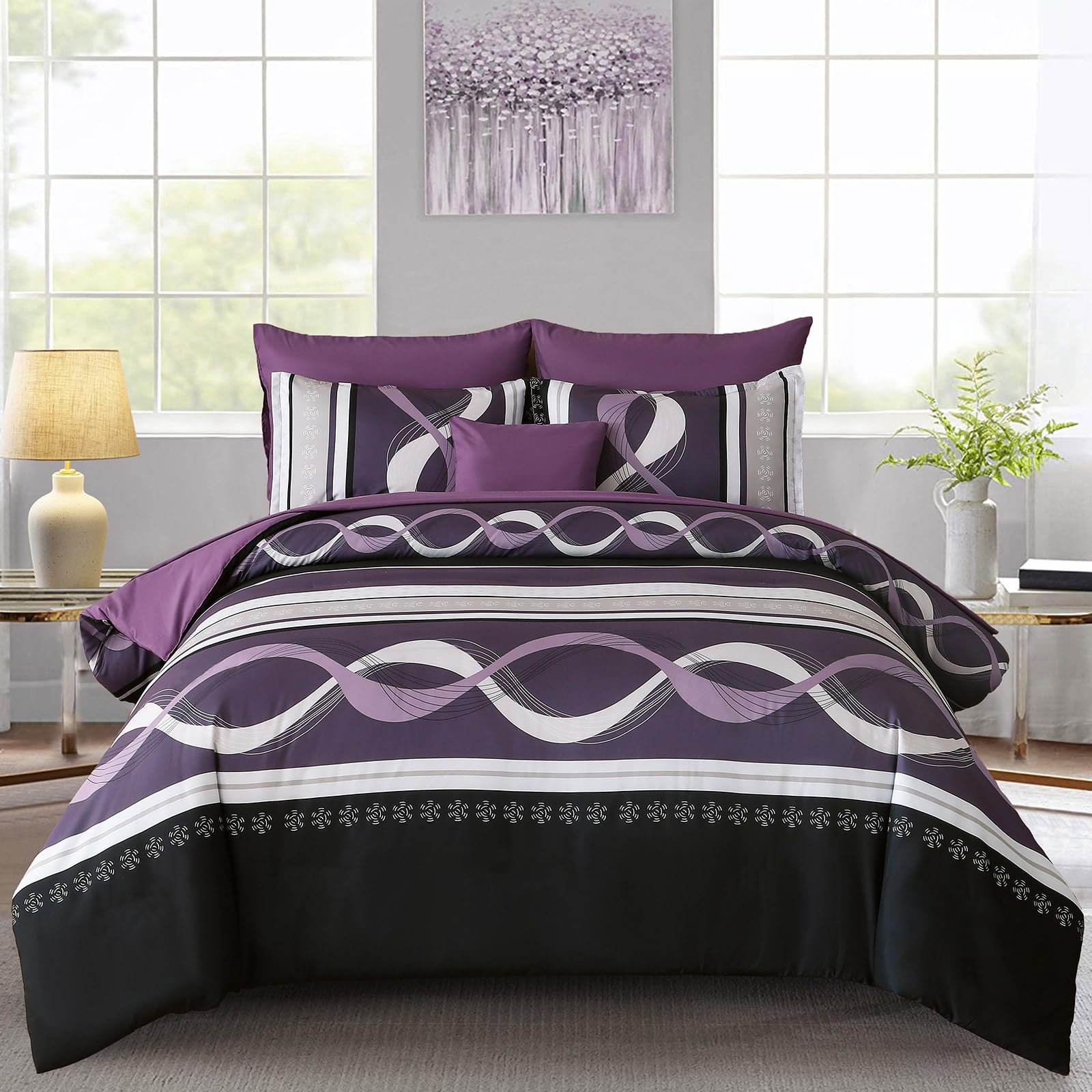 WONGS BEDDING King Size Duvet Cover Sets Geometry Bedding Sets Ultrasoft Polyester Quilt Covers King Size with Zipper Closure, Purple, 220x230cm