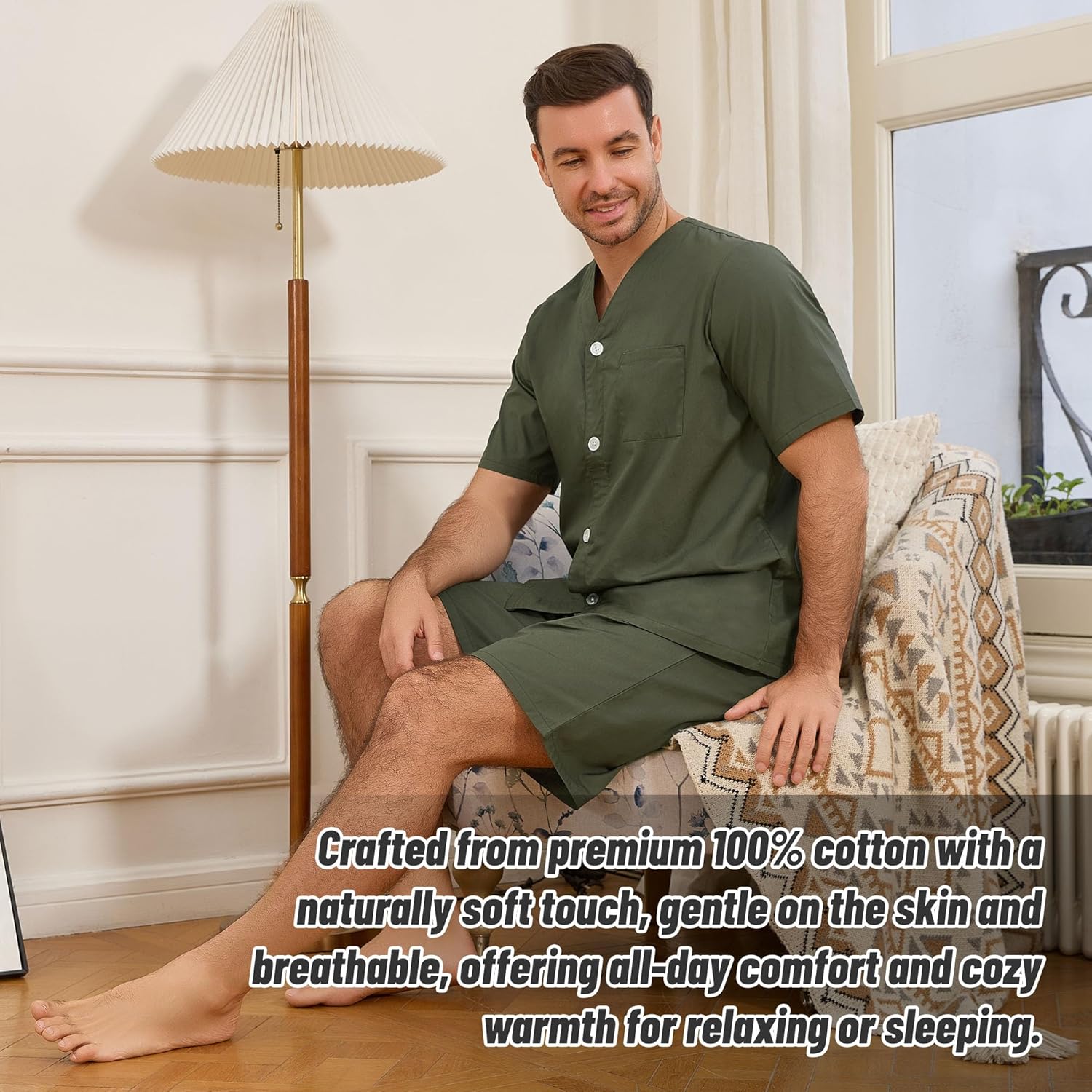 U2SKIIN Men's 100% Cotton Pajama Set Soft Breathable V Neck Button Down Short Sleeve Short with Pocket for Home Lounge Relax - Image 4