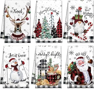Hosuly 6 Pcs Christmas Kitchen Towels Black and White Plaid Hand Towels | Absorbent Snowman Santa Elk Dish Towels, Xmas Tea Towel, for Kitchen Bathroom Holiday Decor Farmhouse Housewarming Gift
