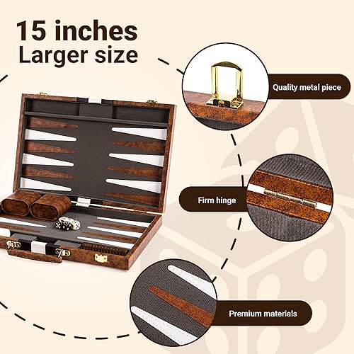 Miniatura 4 de ropoda Juego de mesa Backgammon (15 pulgadas) para adultos y niños, juego clásico de estrategia de mesa, juego de backgammon portátil y de viaje con