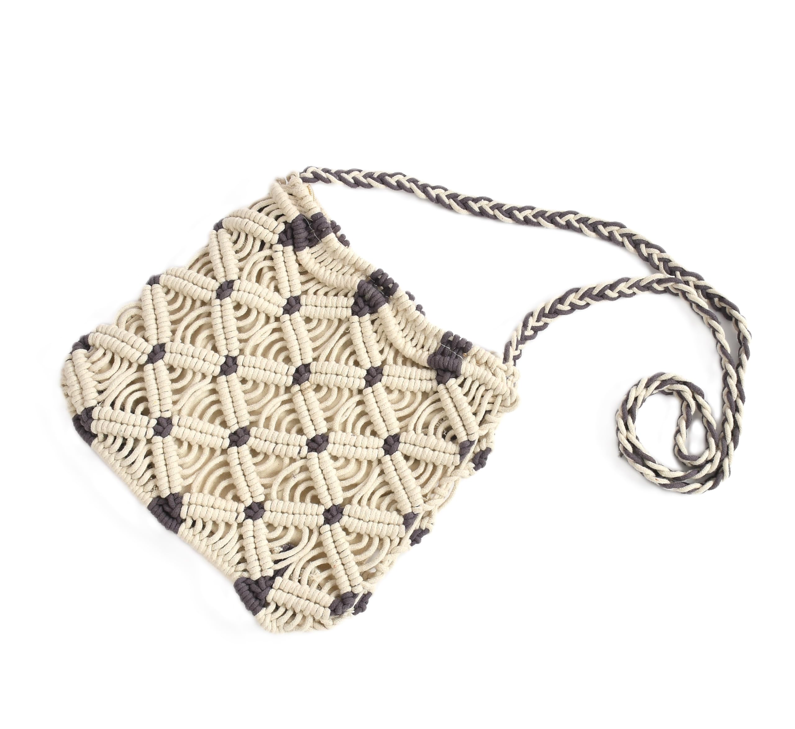 YaAkholic Off White and Grey Macrame Flap Over Sling Bag For Womens And Girls with Zipper