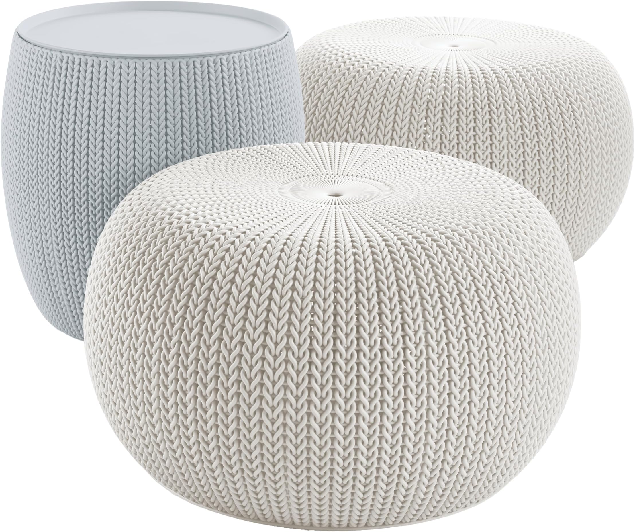 Keter Urban Knit Pouf Ottoman Set of 2 with Storage Table for Patio and Room Décor - Perfect for Balcony, Deck, and Outdoor Seating, Grey & White
