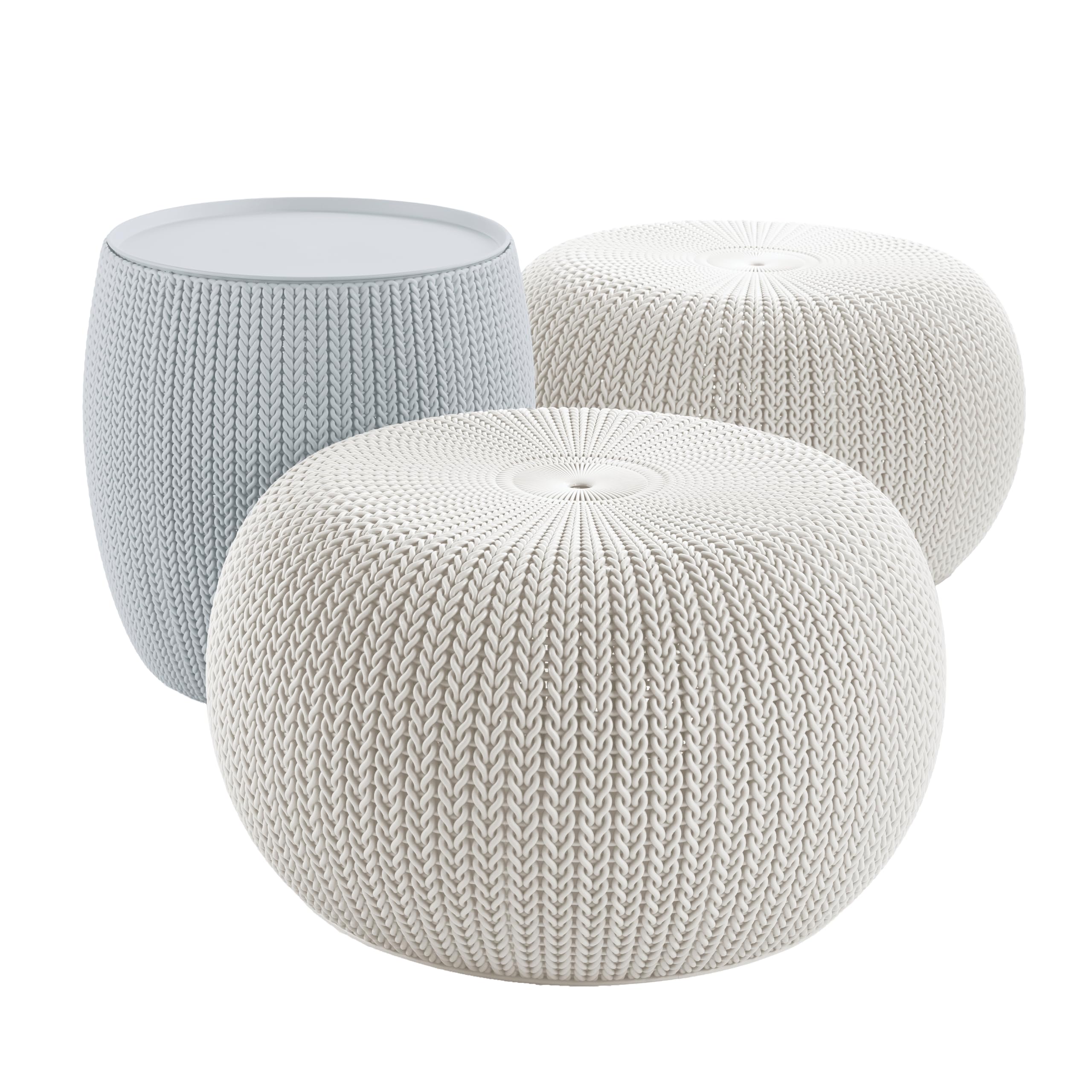 Keter Urban Knit Pouf Ottoman Set of 2 with Storage Table for Patio and Room Décor - Perfect for Balcony, Deck, and Outdoor Seating, Grey &amp; White
