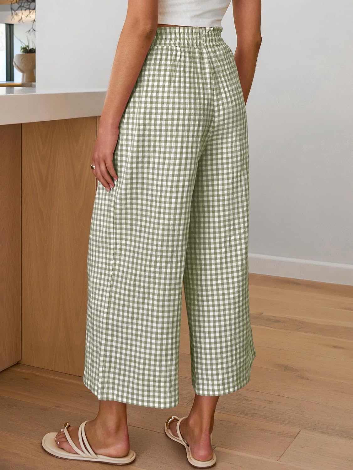 ANRABESS Womens Striped Gingham Palazzo Capri Pants Pajama Wide Leg Lounge Trousers Plaid Cute Crop PJ Bottoms with Pockets - Image 5