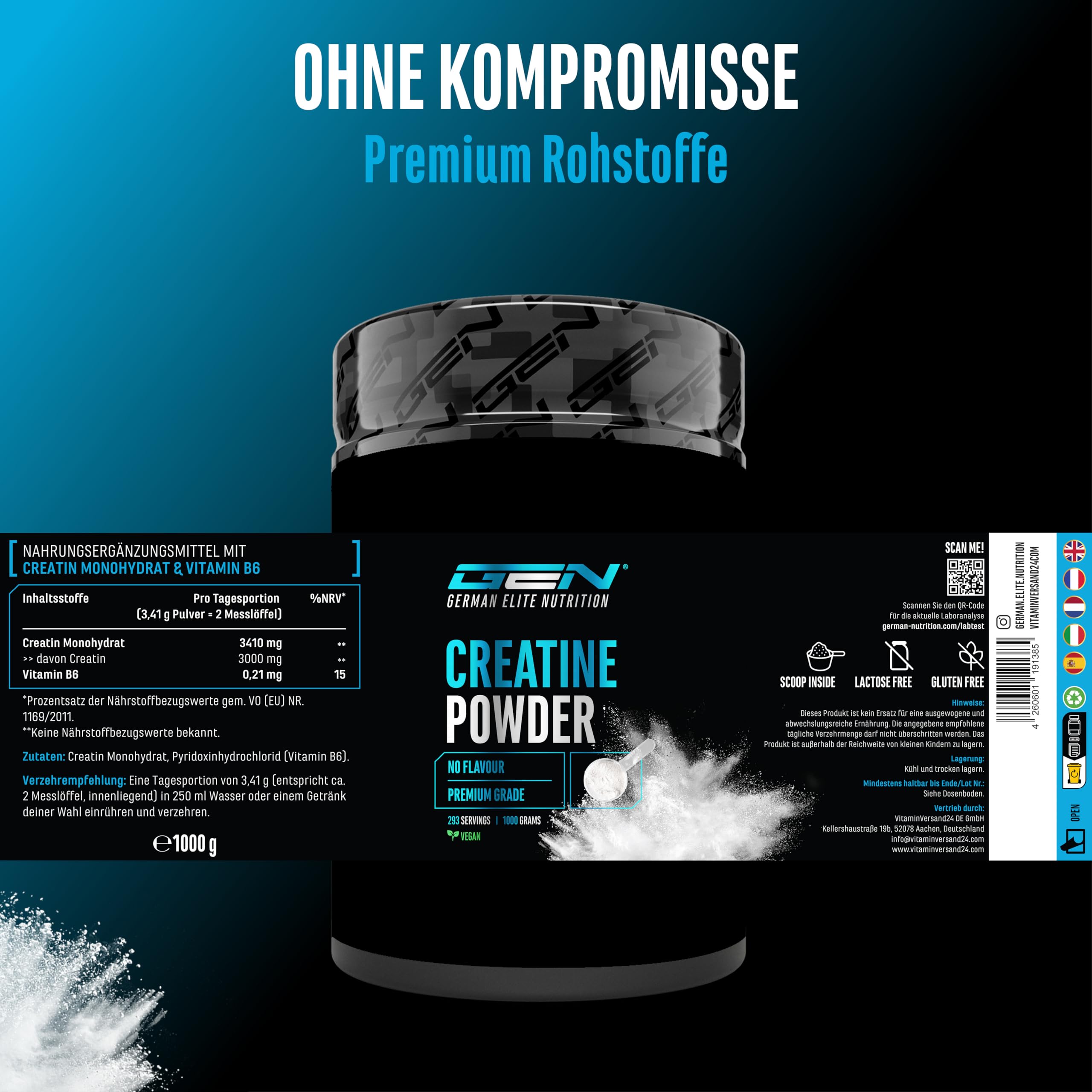 Creatin Pulver - 1kg / 1000 g - Creatine Monohydrat Pulver - Optimale Löslichkeit & mikrofein - Vegan - 293 Anwendungen - German Elite Nutrition | 293 Portionen, mikrofein löslich, Mesh Faktor 200, vegan, ohne Zusätze