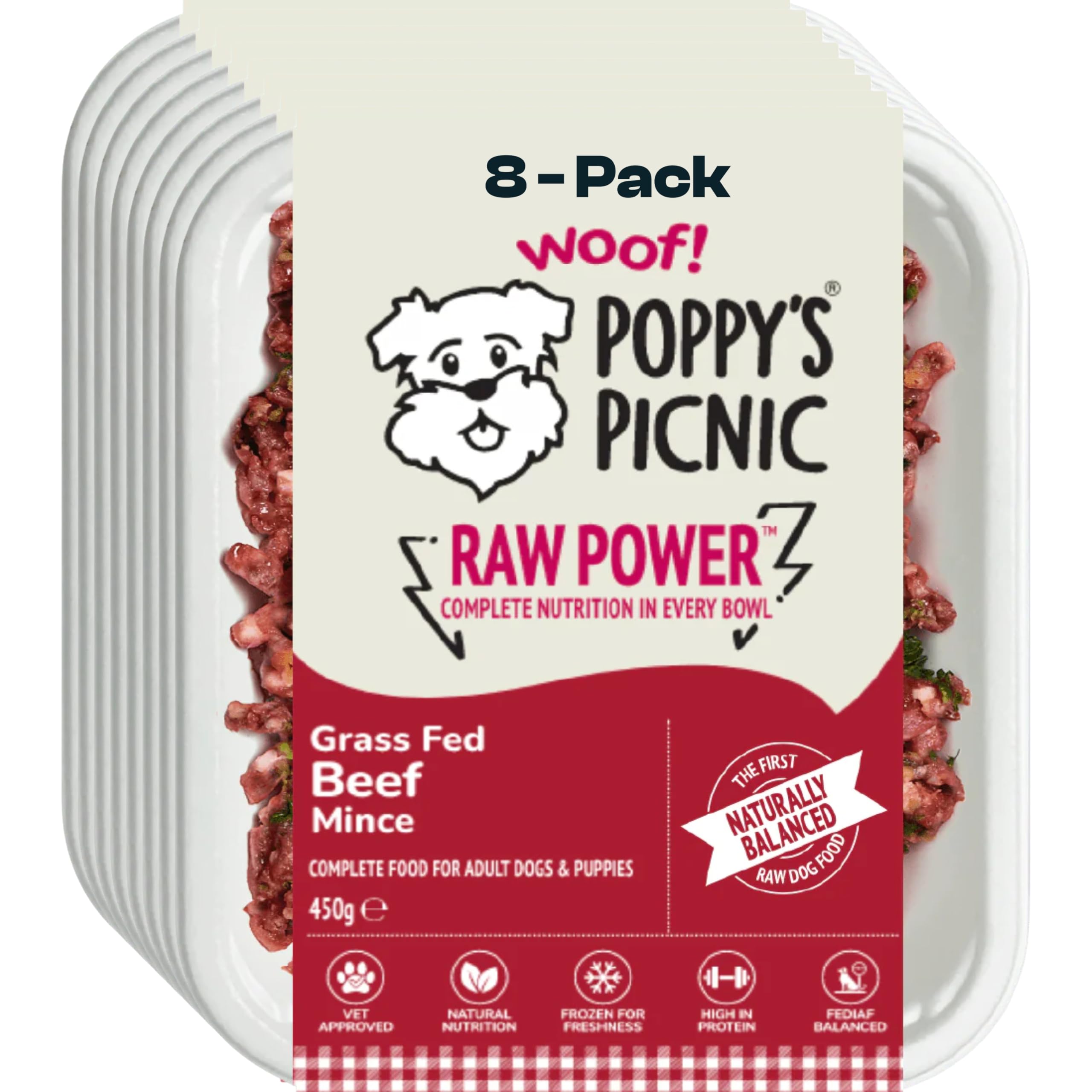 Poppy’s Picnic - RAW POWER Beef – 8 Pack Raw Frozen Dog Food – High Protein Fresh Frozen Dog Food – Complete – Natural Beef – 8 x 450g