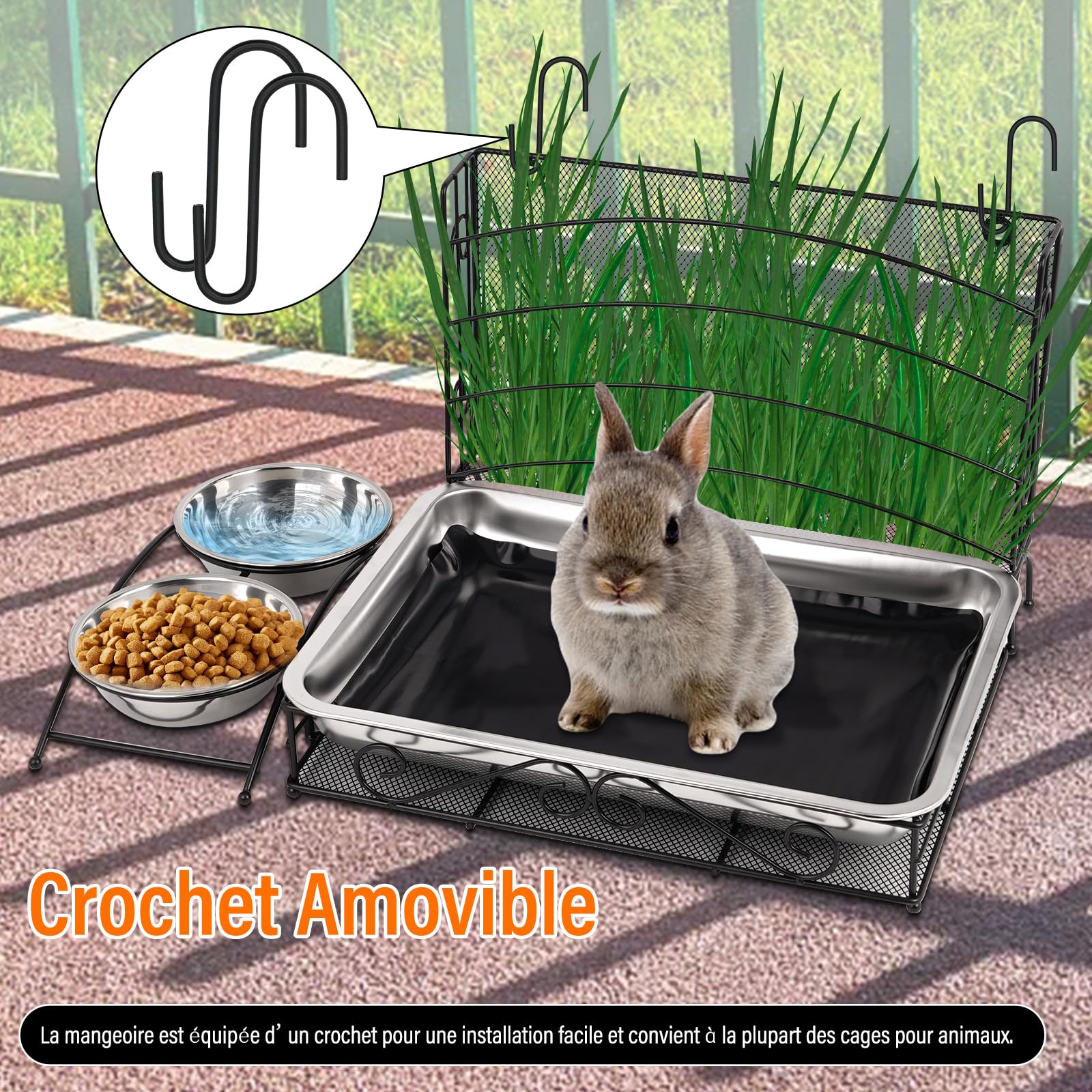 Mangeoire à Foin Pour Lapin 3-en-1 Avec Tapis Imperméable et Bol d'Eau