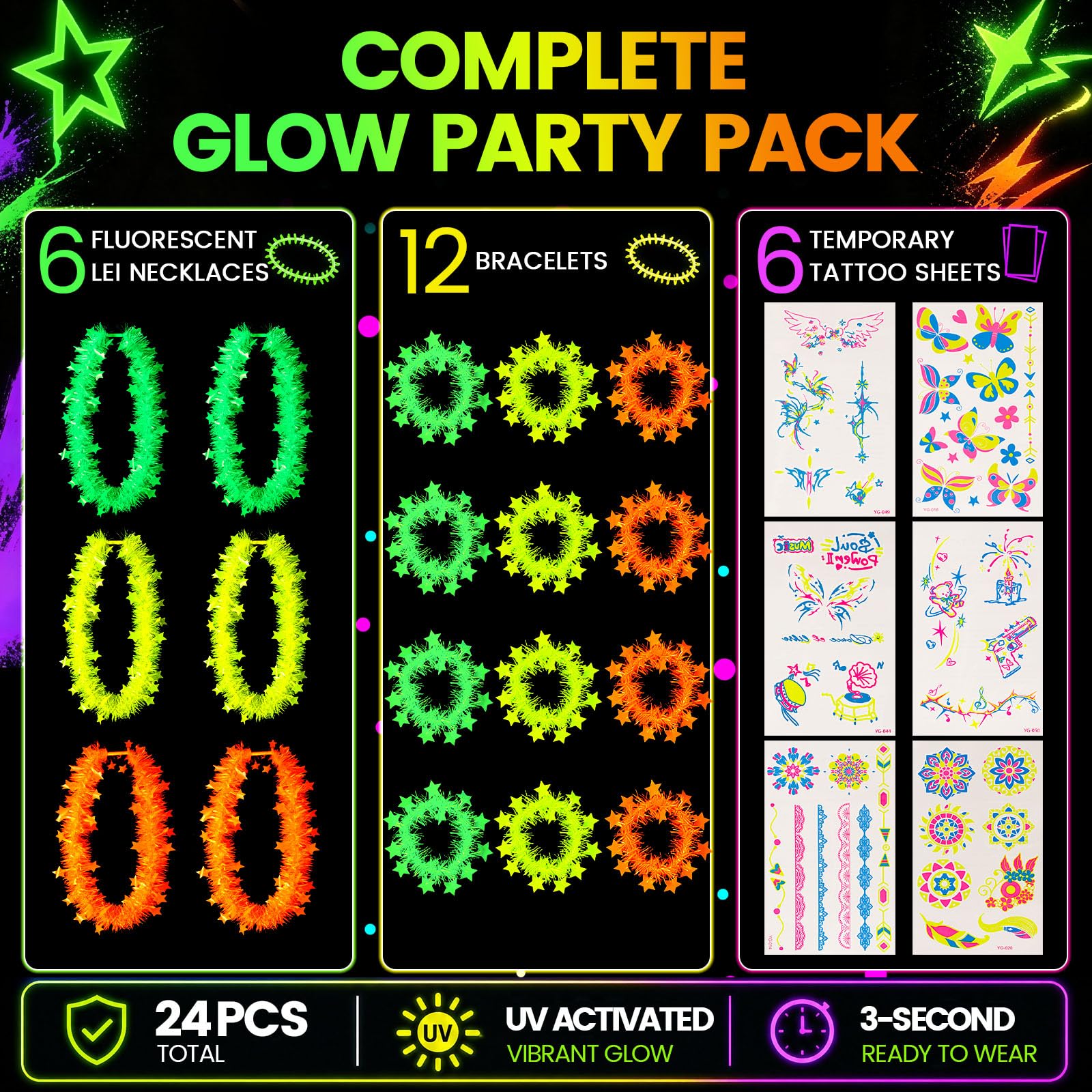 LovesTown 24PCS Neon-Themed Party Favors with Lei Necklaces & Bracelets