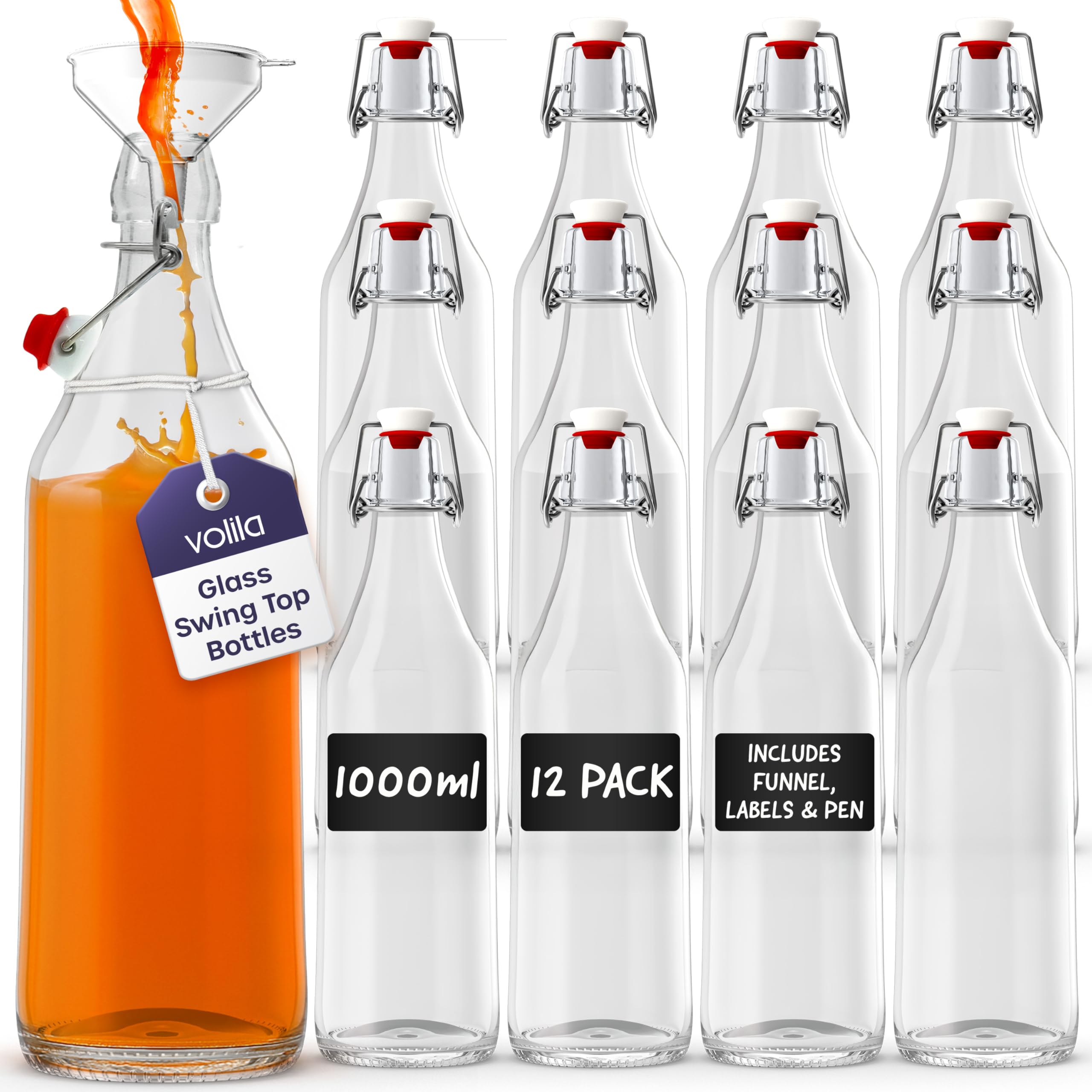 Volila Black 1L Flip Top Bottles With Stoppers - 1000Ml Clear Swing Top Bottles For Homebrewing And Beverages - With Leak Proof Caps, Labels, Pen And Funnel (12 Pack)