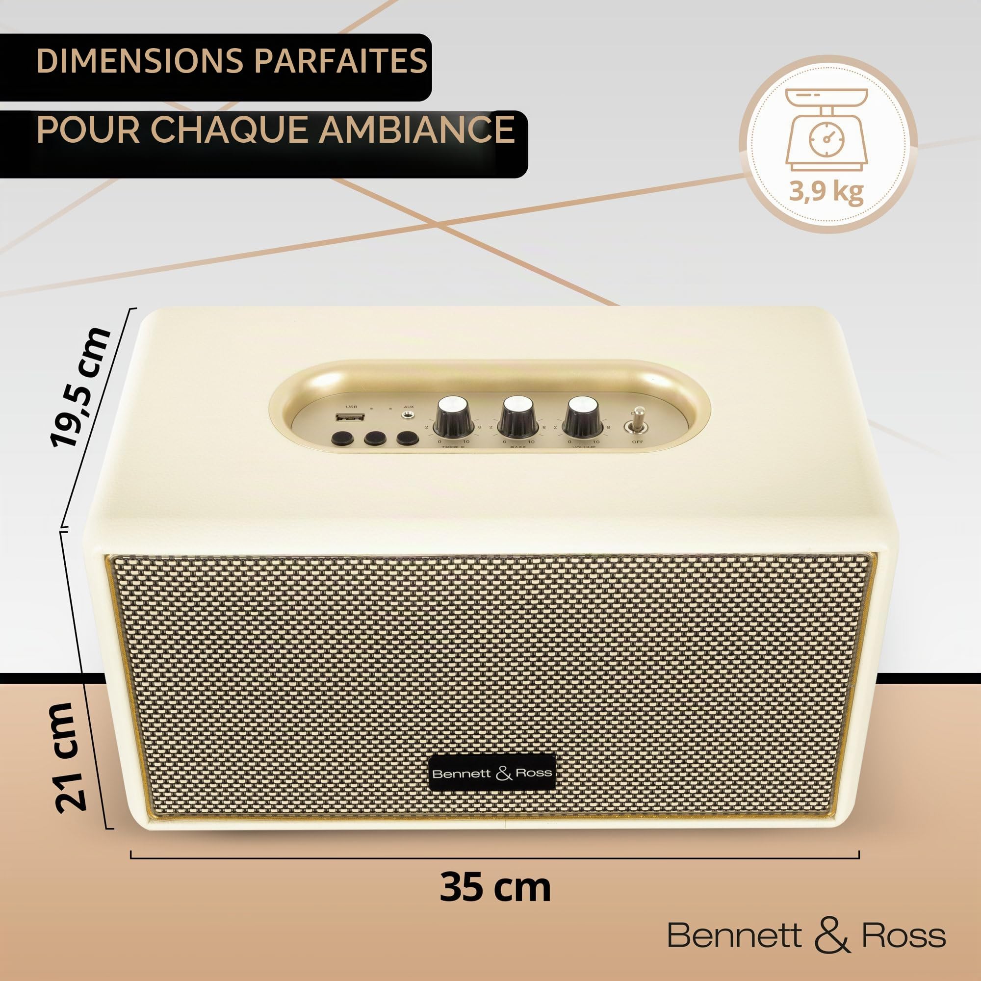 Bennett & Ross BB-860CW Blackmore Haut-Parleur Bluetooth rétro en Cuir - Haut-Parleur Vintage avec 2X 30W - Speaker Entrée USB avec Lecteur MP3 - Jack 3,5 mm avec aux-in - Enceinte Blanc créme