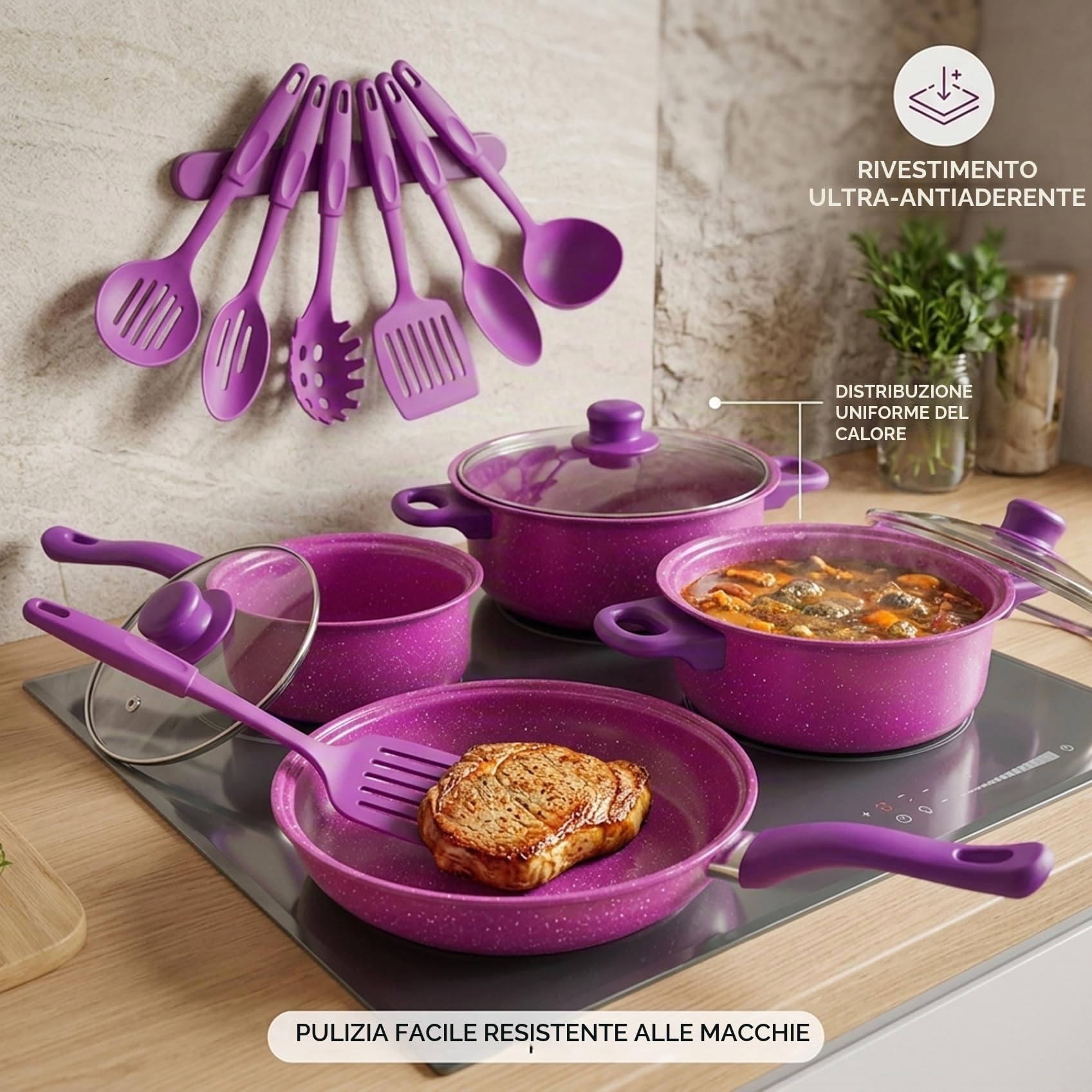 Set di pentole antiaderenti, pentole e padelle antiaderenti da 13 Pezzi con Padella, pentolino per Il Latte e Utensili per la Cucina casalinga, Viola