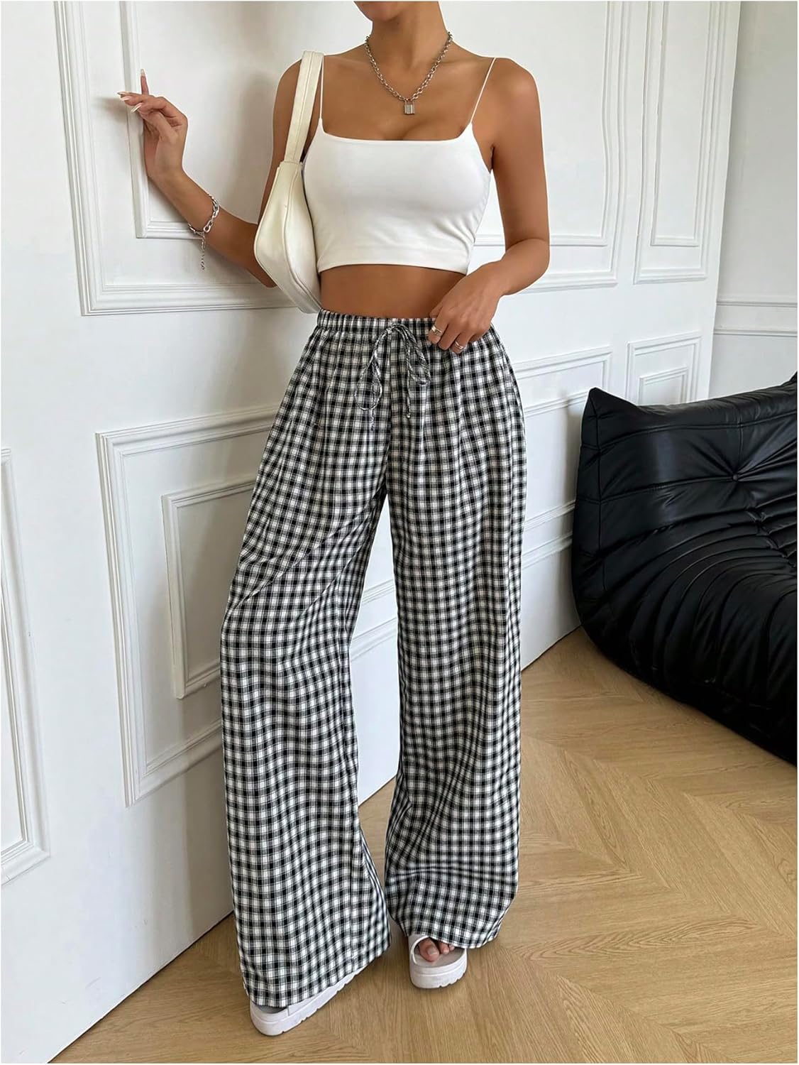 Verdusa Women's Gingham Plaid Wide Leg Pants Streetwear Casual High Rise Baggy Trousers - Image 5