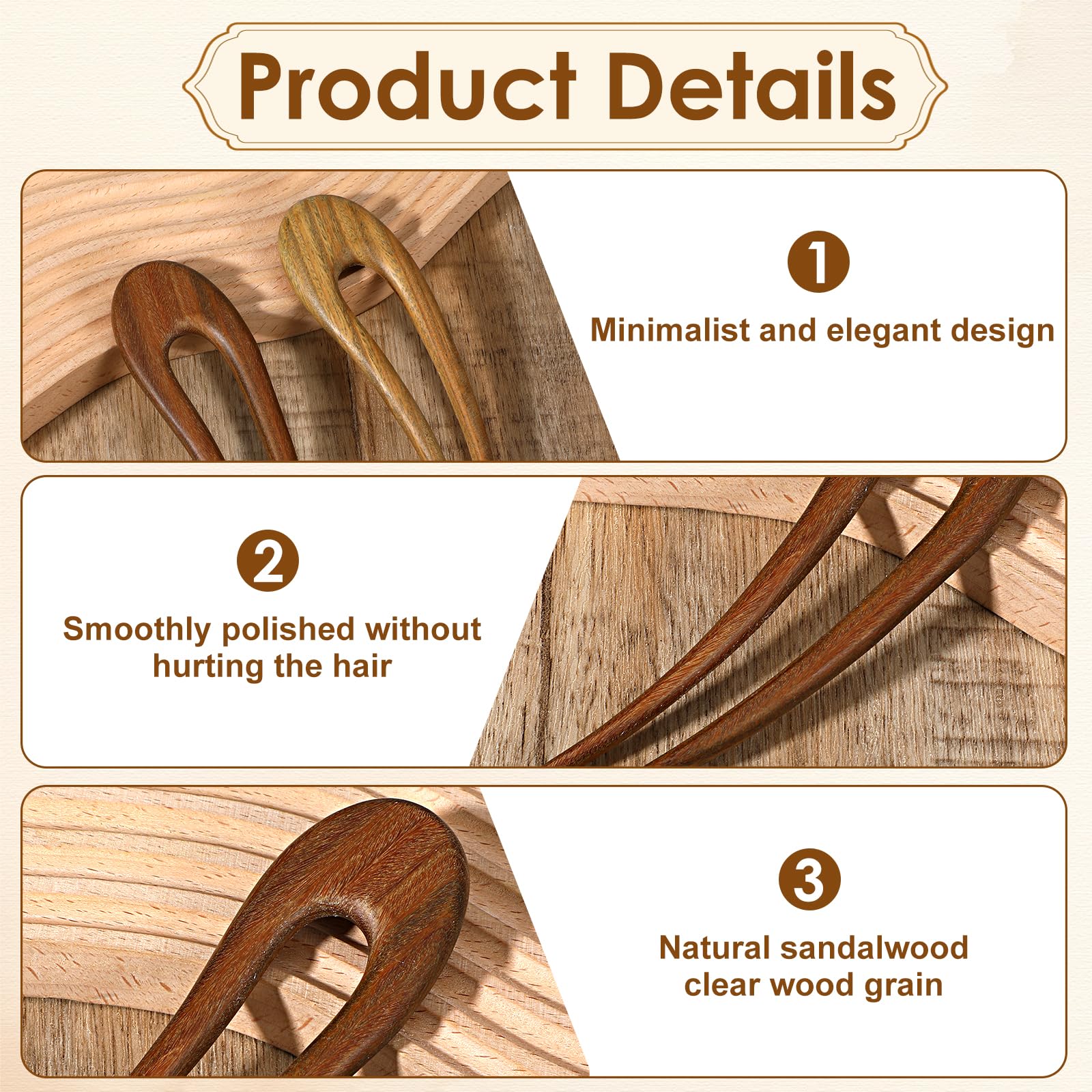 Paquete de 2 horquillas de madera francesas para el pelo para mujer, palitos de madera en forma de U, pinzas vintage para moño