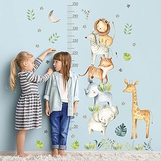Kids Height Measurement Growth Chart Wall Stickers, Cartoon Animals Lion Giraffe Elephant Cat Zebra Rhino Height Measure Decals Hanging Ruler Decor for Home Wall Baby Bedroom Playroom Classroom (A)