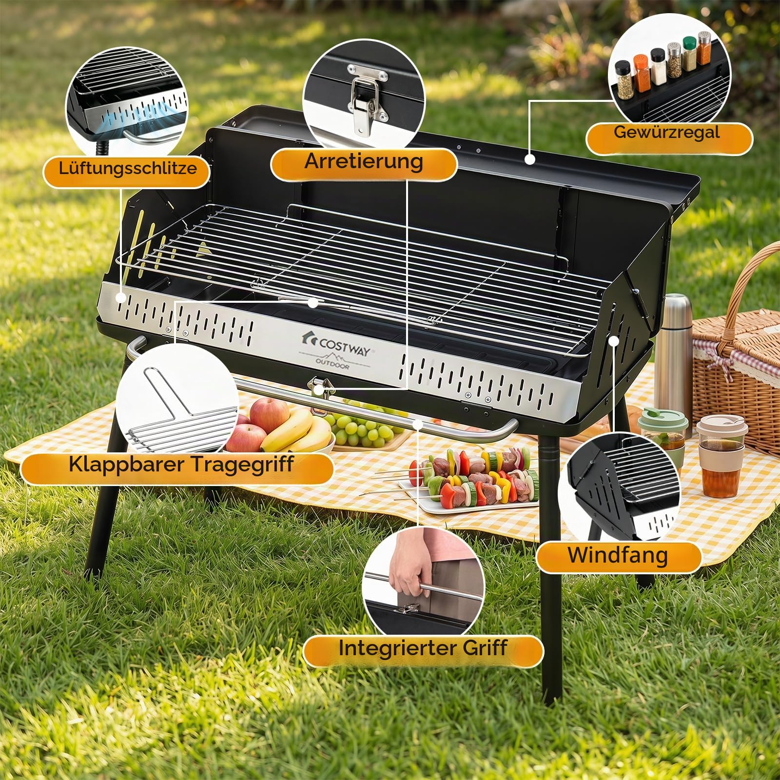 COSTWAY Holzkohlegrill tragbar, Tischgrill & Standgrill, 47 x 81 x 85 cm | Campinggrill mit abnehmbaren Beinen & Gestell, 2 Höhenstufen, Picknickgrill, für BBQ Camping, Picknick & Party, Schwarz