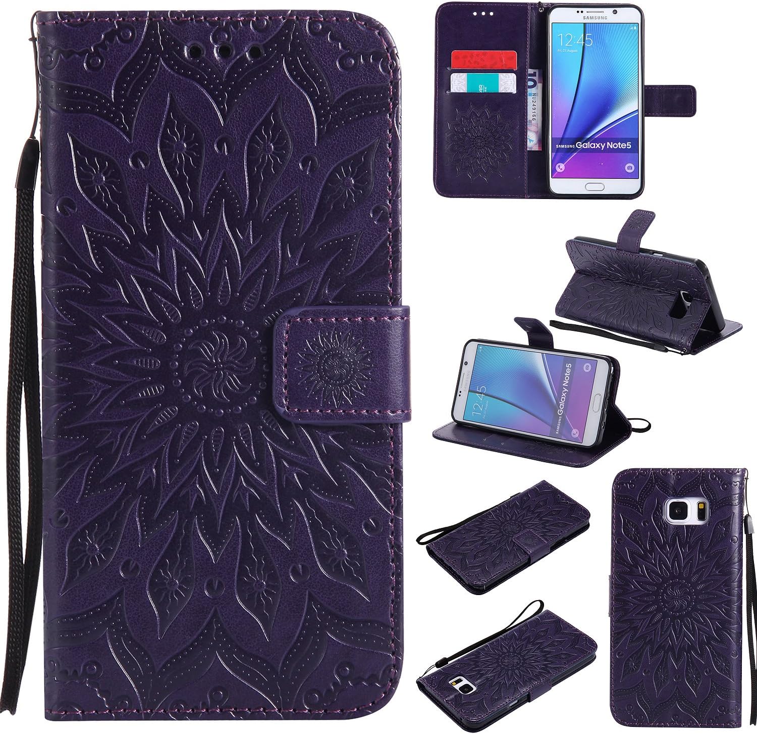 Galaxy Note 5 Case,Note 5 Wallet Case,Samsung Note 5 Flip Case PU Leather Emboss Mandala Sun Flower Folio Magnetic Kickstand Cover with Card Slots for Samsung Galaxy Note 5 Purple