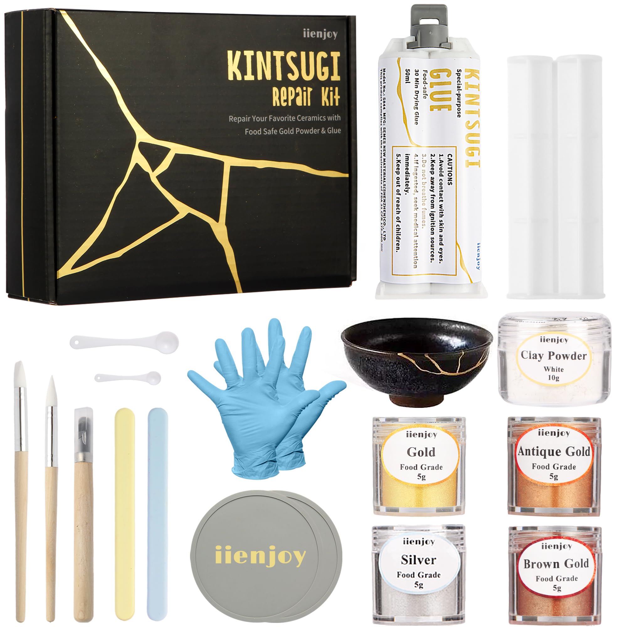 Kit de reparación Kintsugi de iienjoy, 4 colores, apto para alimentos, repara cerámica rota, jade, vidrio, cerámica significativa, pegamento dorado Kintsugi para cerámica y porcelana, perfecto para principiantes