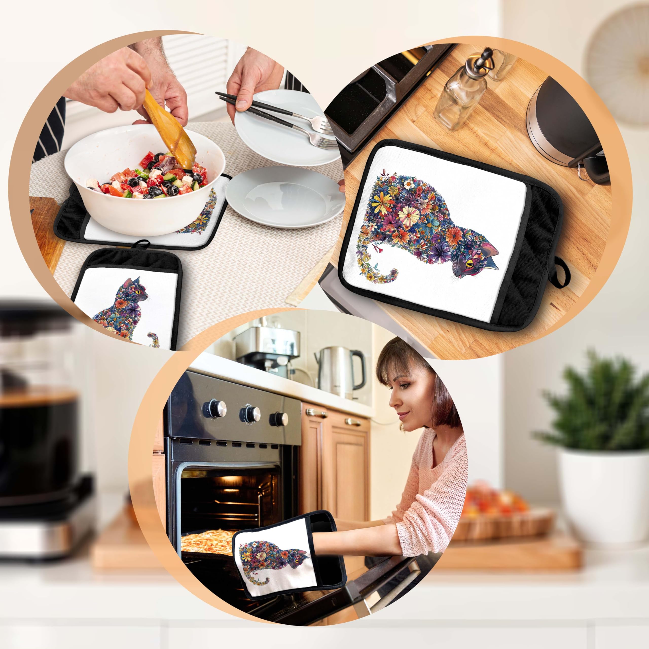 Blumentopfhalter mit Taschen, Katzen-Küchendekoration, ästhetisches Blumen-Kätzchen, Topflappen, hitzebeständige Ofenhandschuhe, heiße Pads für Küche, Backen, Kochen