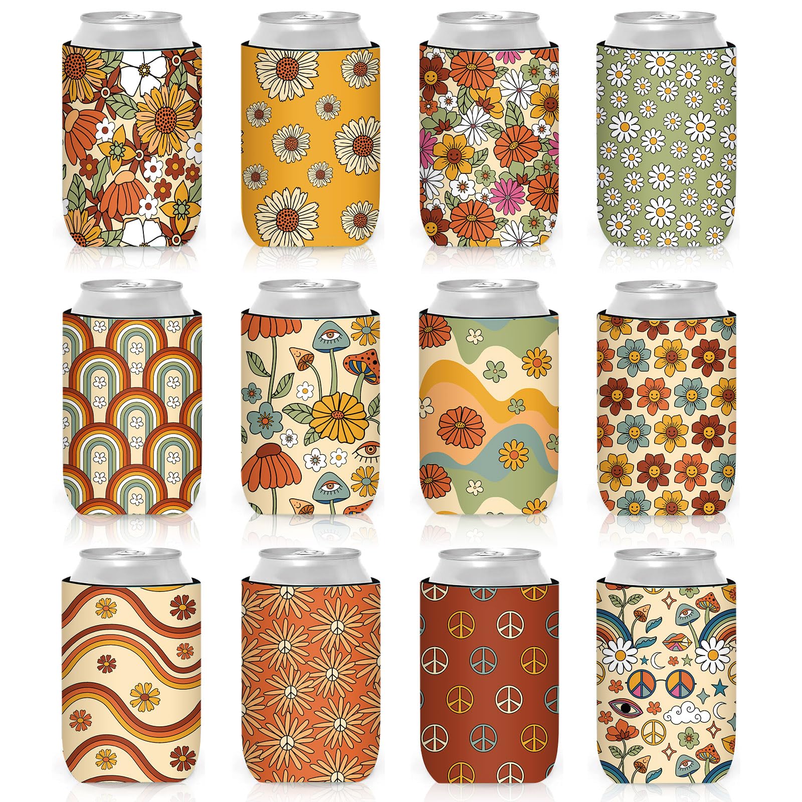 Whaline 12Pcs Retro Boho Can Sleeves Boho Rainbow Floral Can Covers Reusable Hippie Groovy Neoprene Thermocoolers for Beverages Cans Bottles