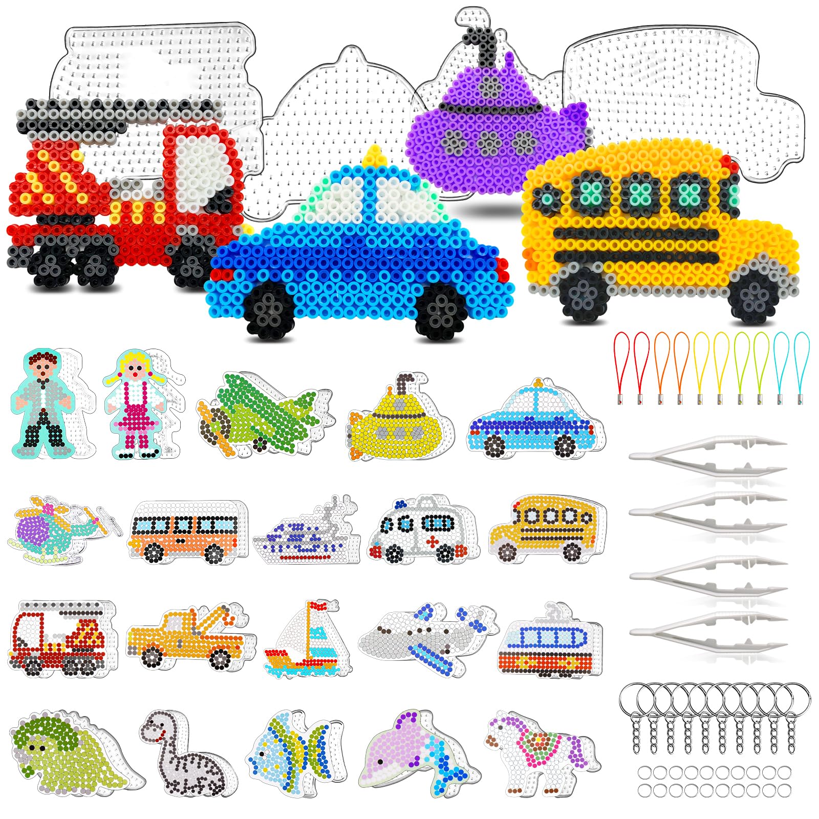 20 pcs Pegboards for 5mm Fuse Beads Project - Vehicle Theme Include Fire Truck and Police Car for Arts and Crafts with Keychains, Hang Ropes and Tweezers, Gifts for Kids (Beads Not Included)