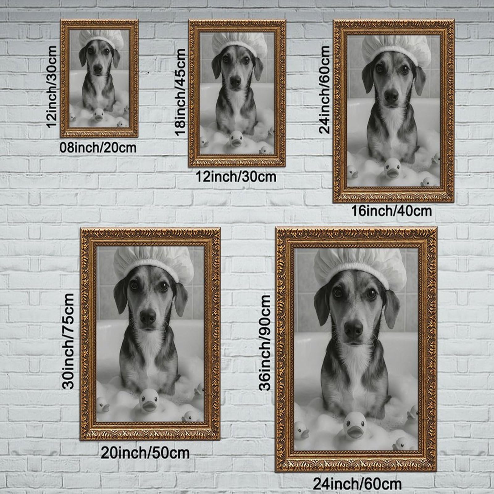 Lustiger Hund in der Badewanne, niedlicher Welpe mit Duschhaube, Leinwand-Poster, Wandkunst für Wohnzimmer und Schlafzimmer, 61 x 91,4 cm