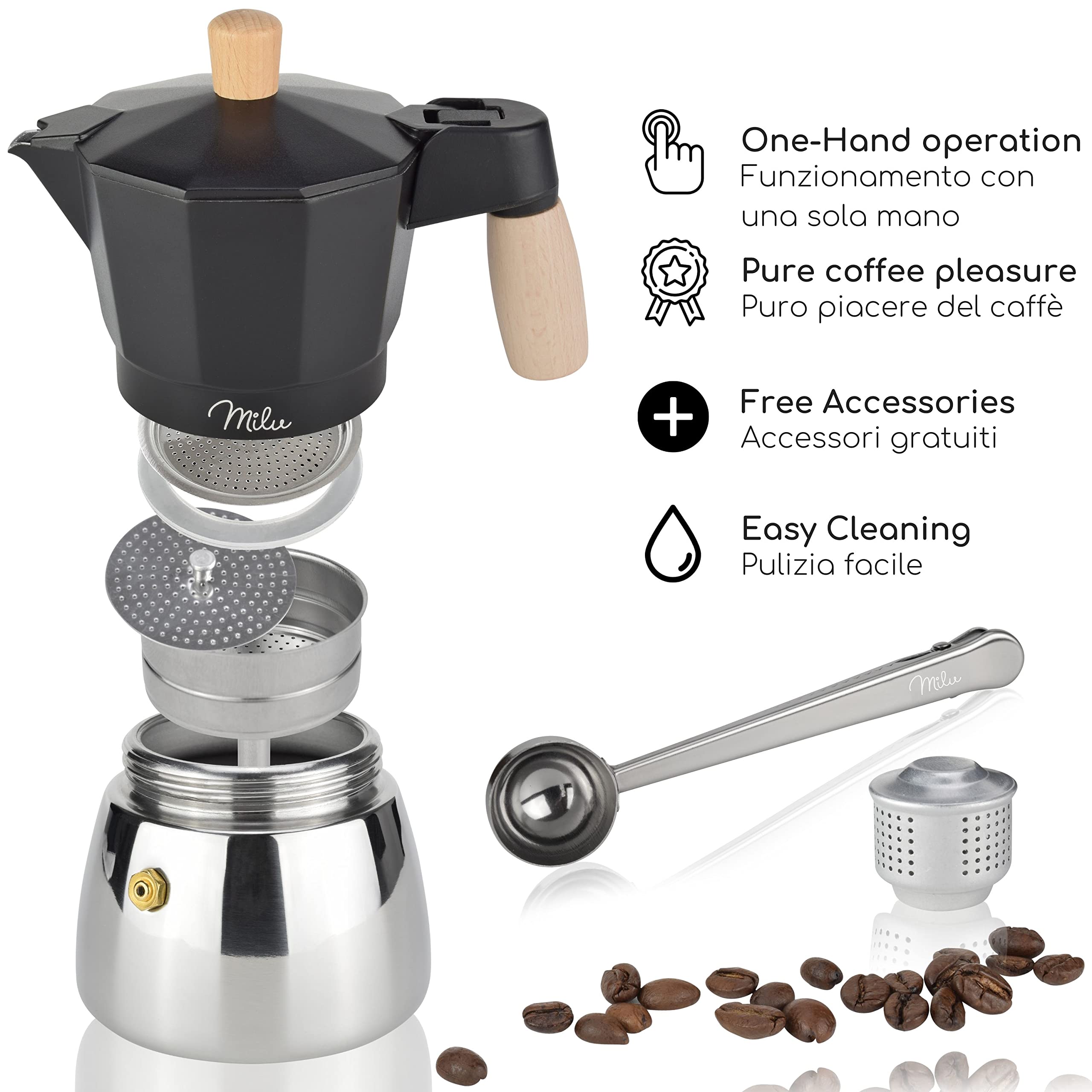 Milu Caffettiera Induzione | 3, 6,9 Tazze | Caffettiera Espresso in Alluminio, Set comprendente sottobicchiere, cucchiaio, spazzola (Manico in legno, 3 Tazze (150ml)