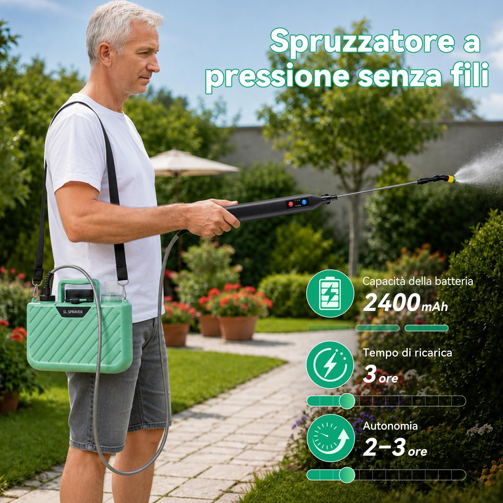MANKIW Spruzzatore a pressione a batteria da 5 l, spruzzatore elettrico a pressione con 3 ugelli, a batteria USB, con asta telescopica e tracolla, spruzzatore elettrico da giardino per piante