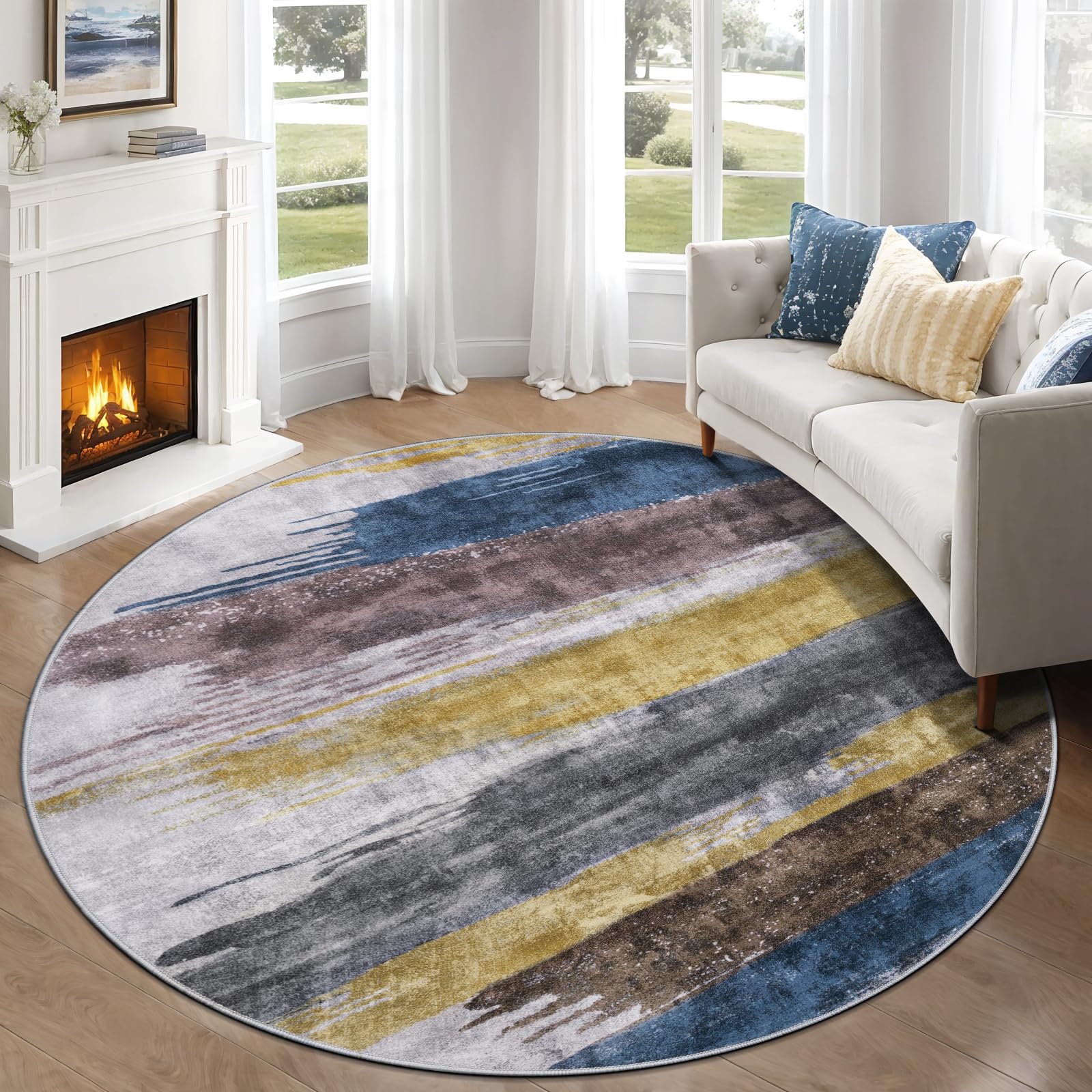 Ciicool Washable 5ft Round Rug, Modern Abstract Rugs for Bedroom Yellow