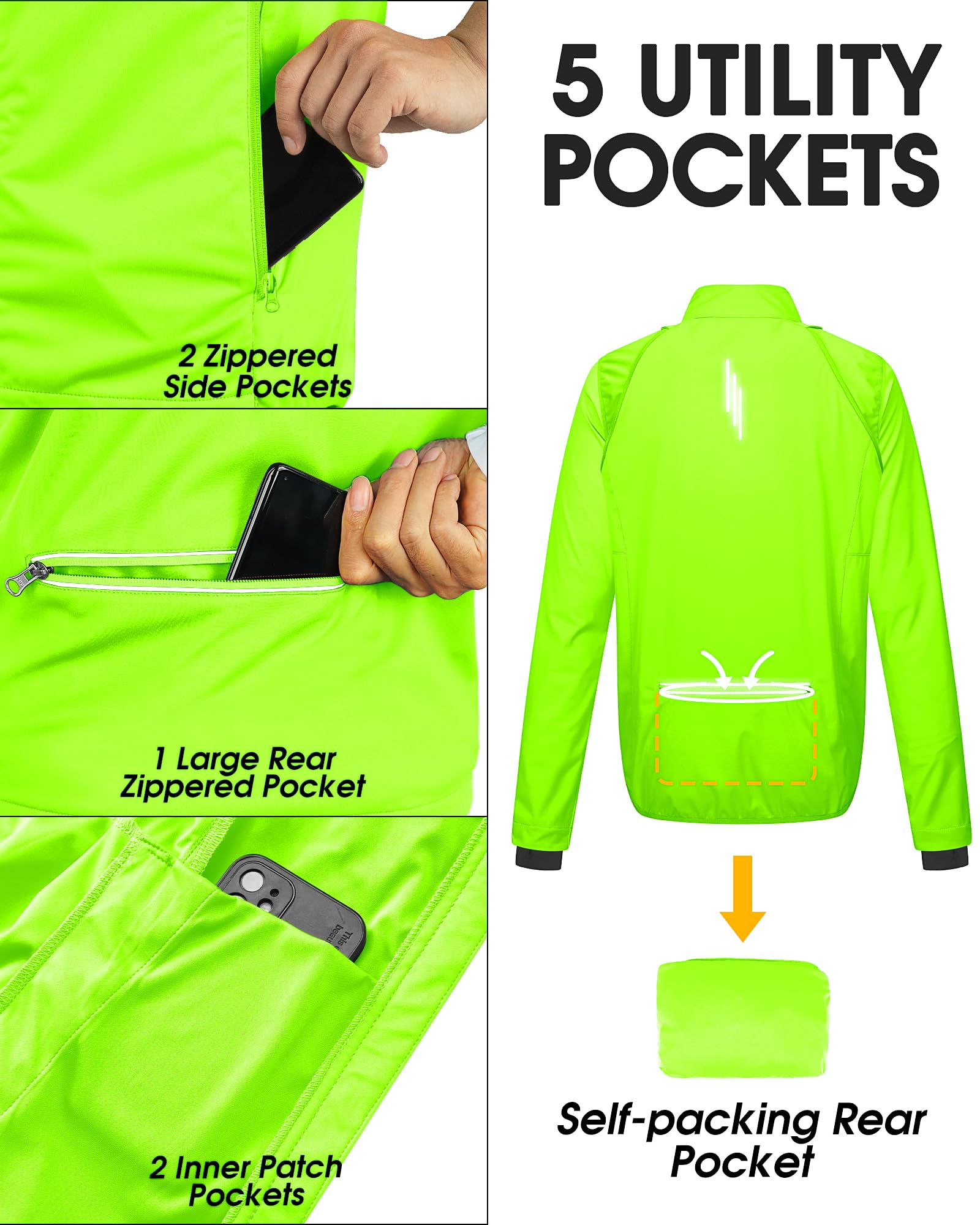 33,000ft Giacca da ciclismo da uomo, impermeabile, traspirante, protezione UV, leggera, con maniche rimovibili, riflettente, giacca da corsa da uomo