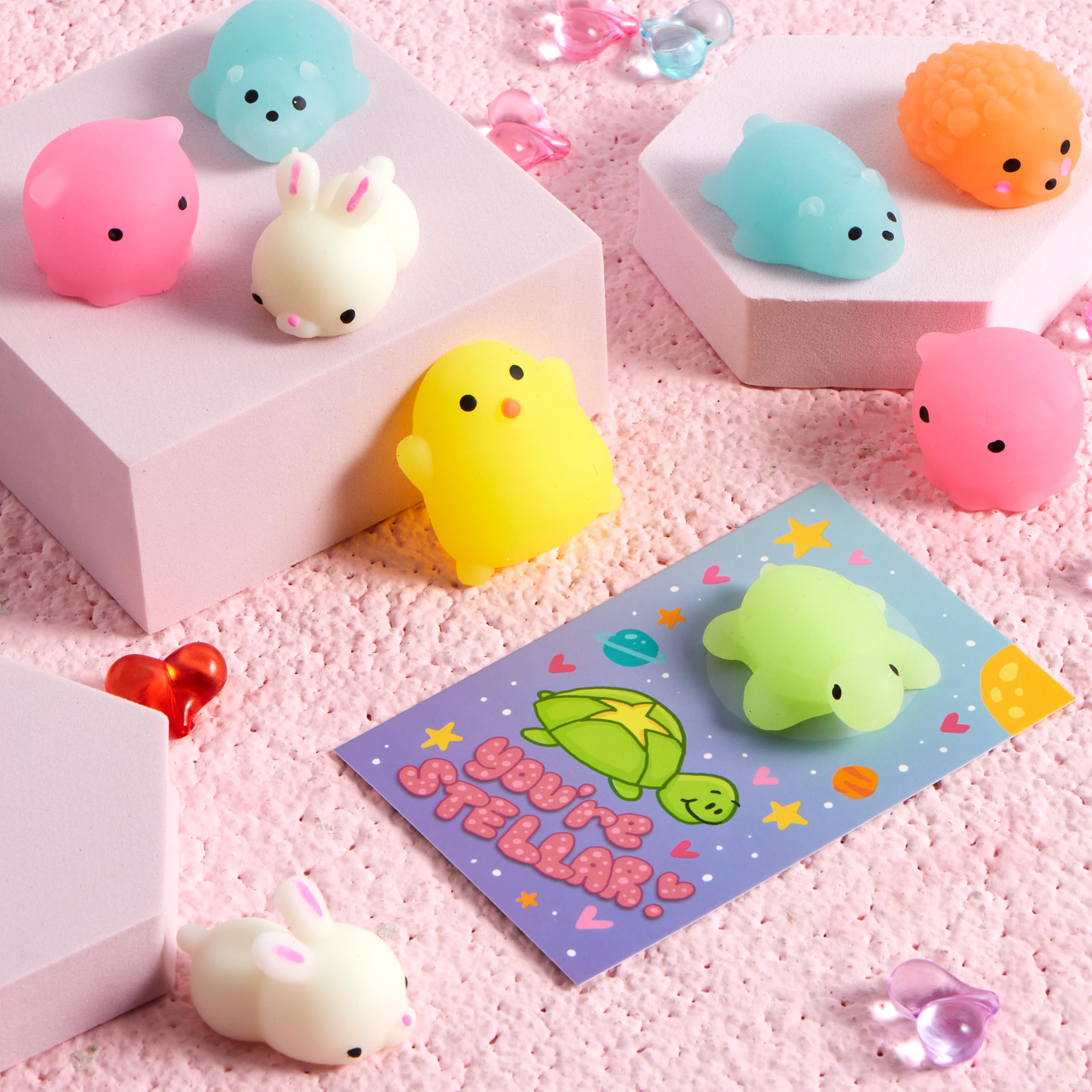 JOYIN 28 Packs Gift Cards with Mochi Squishy Toys, Kawaii Squeeze Stress Relief Fidget Toy for Kids Party Favor Classroom Exchange Prizes