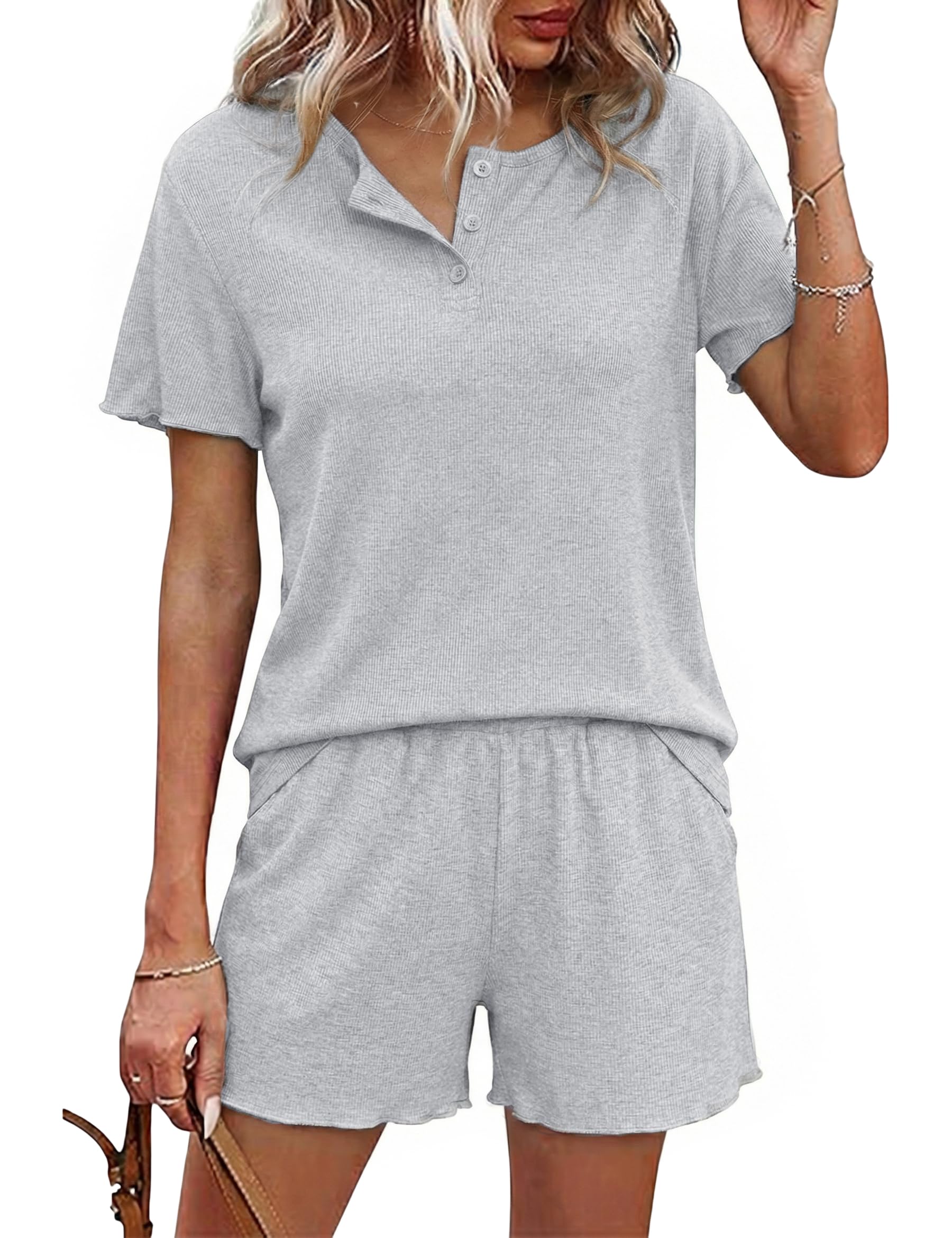Demegimi Schlafanzug Damen Kurz Pyjama Baumwolle Sommer Shorty Nachtwäsche Kurzarm Schlafanzüge mit Knopfleiste S-XXL